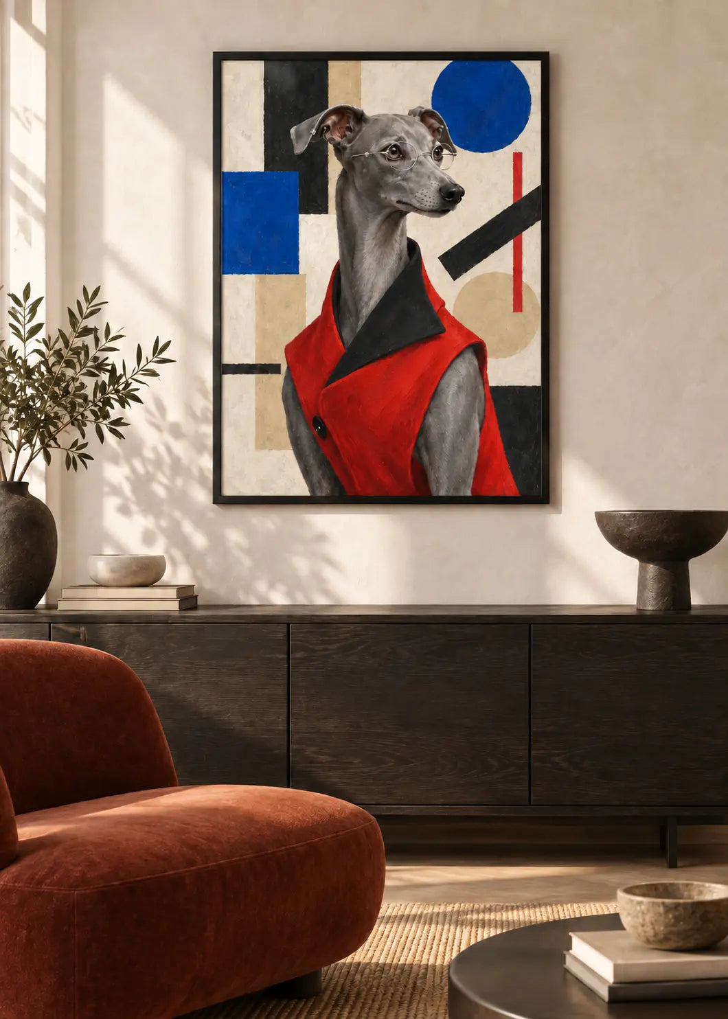 GL00000069 Italienisches Windspiel Suprematismus – identisches Wohnzimmer-Mockup im schwarzen Holzrahmen ohne weißen Innenrand