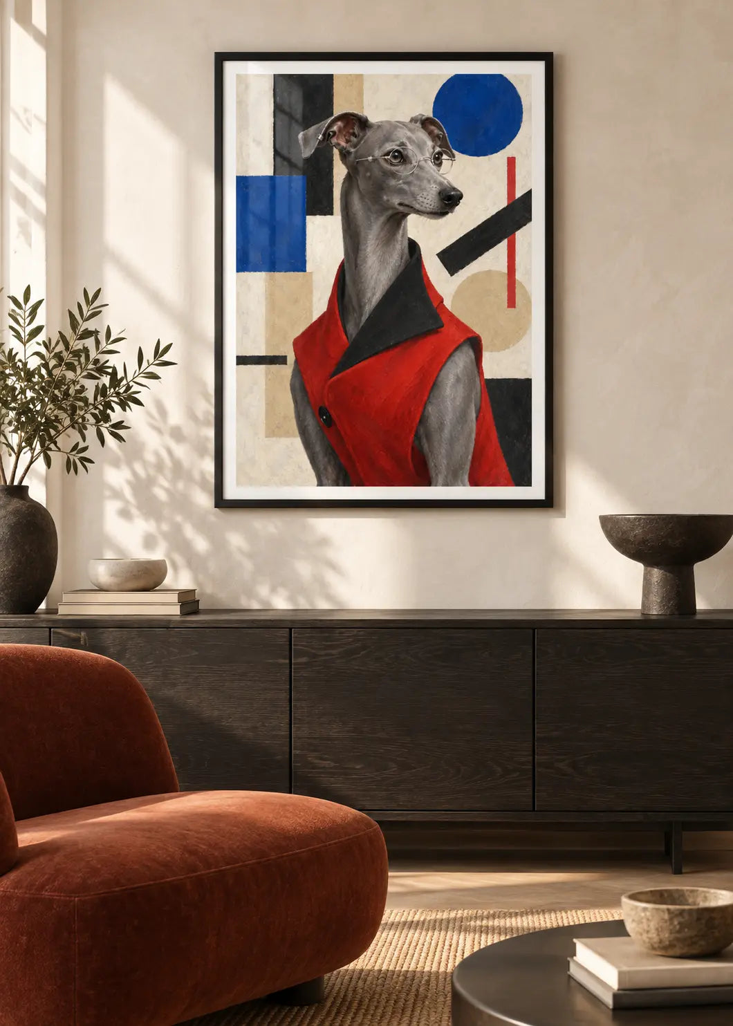 GL00000069 Italienisches Windspiel Suprematismus – Wohnzimmer-Mockup im schwarzen Holzrahmen mit weißem Innenrand