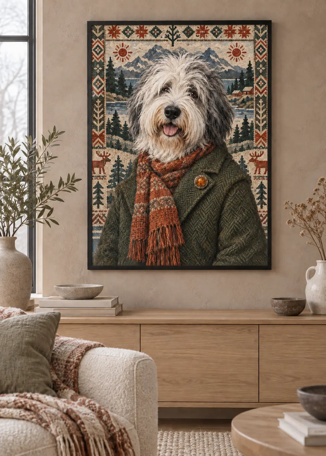 GL00000070 Bobtail Nordic Tapestry – identisches Wohnzimmer-Mockup im schwarzen Holzrahmen ohne weißen Innenrand