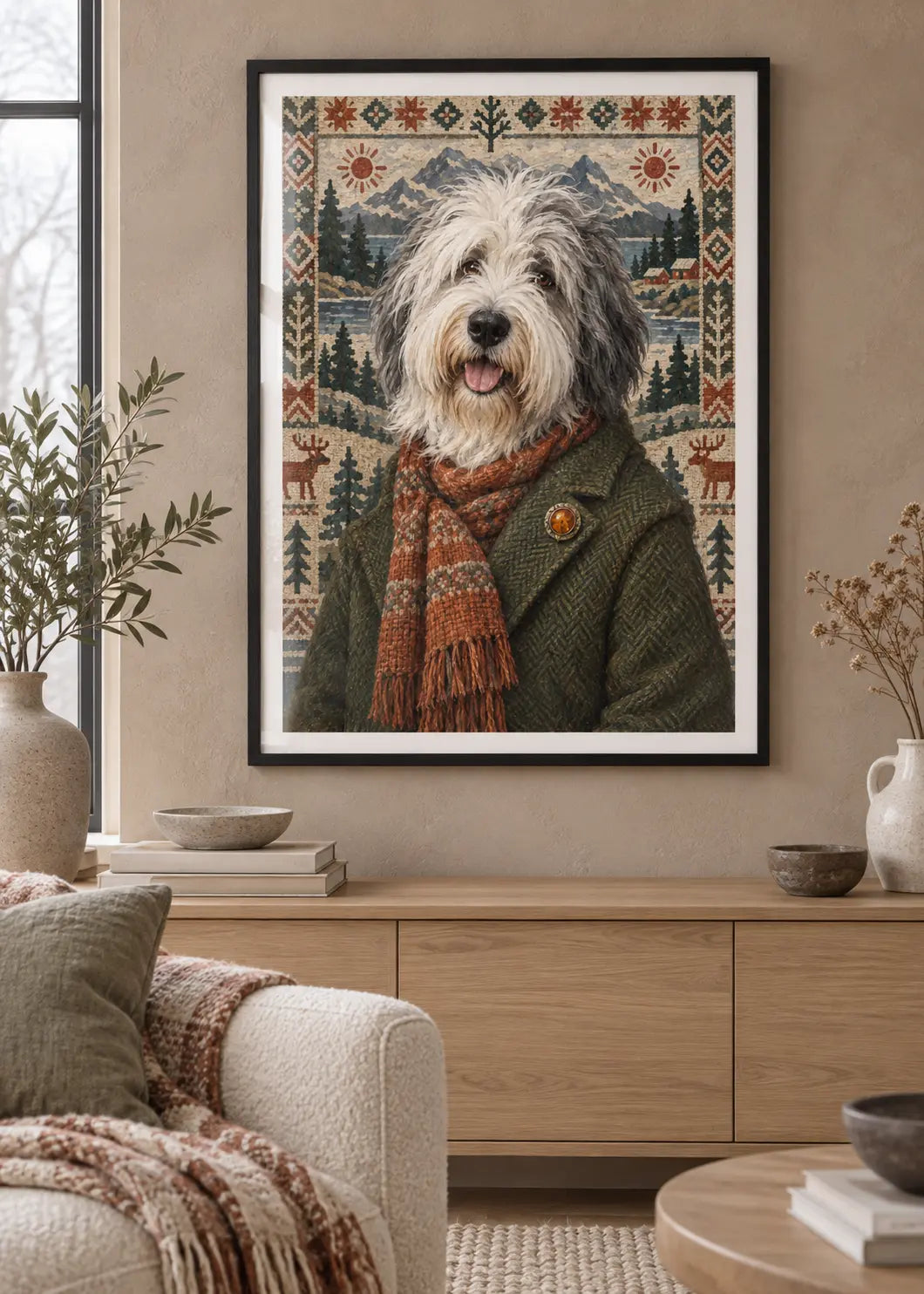 GL00000070 Bobtail Nordic Tapestry – Wohnzimmer-Mockup im schwarzen Holzrahmen mit weißem Innenrand