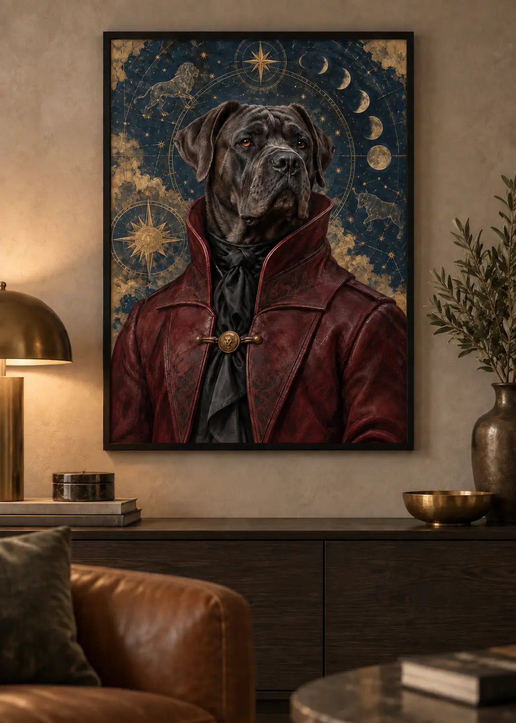 GL00000071 Cane Corso Celestial Bordeaux – identisches Wohnzimmer-Mockup im schwarzen Holzrahmen ohne weißen Innenrand