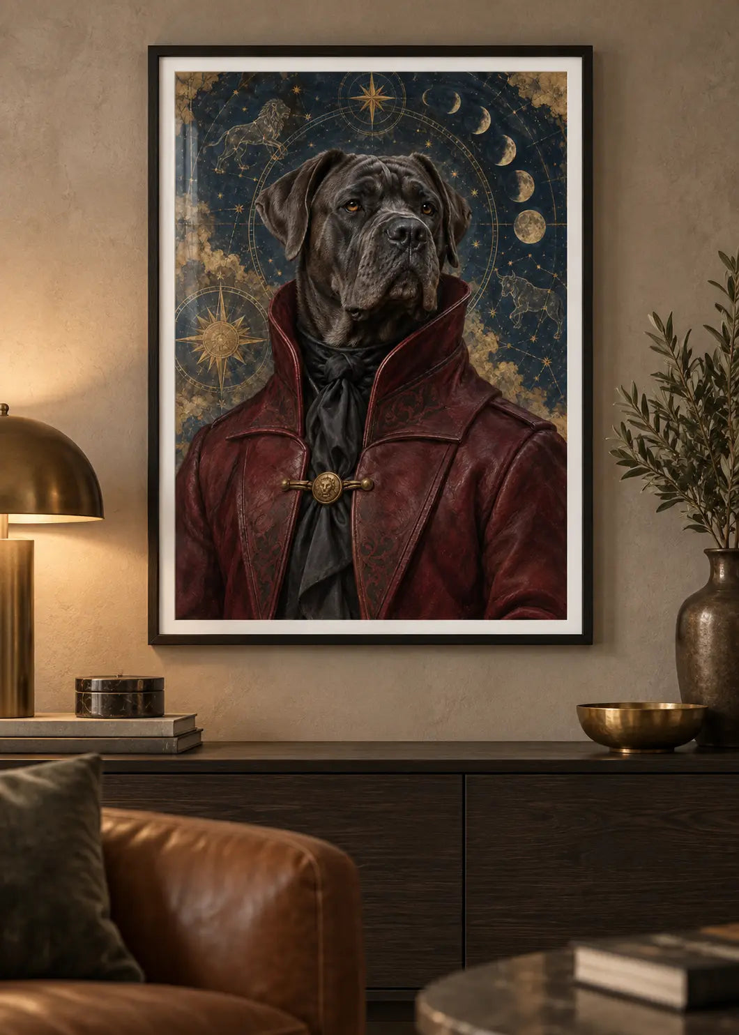 GL00000071 Cane Corso Celestial Bordeaux – Wohnzimmer-Mockup im schwarzen Holzrahmen mit weißem Innenrand