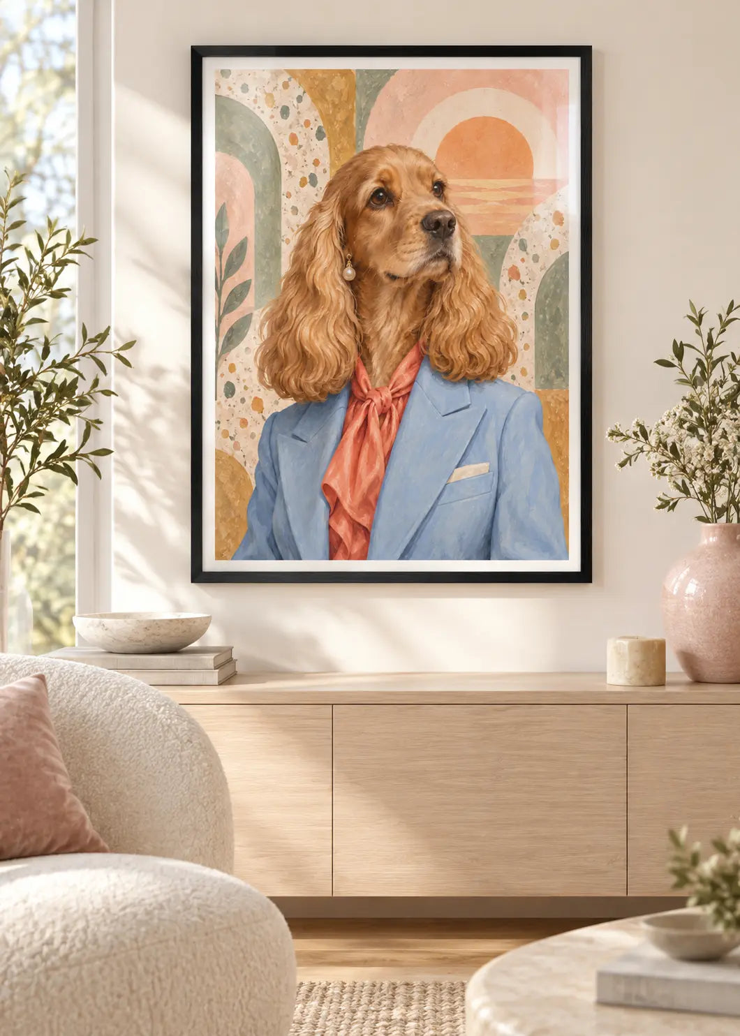 GL00000072 Cocker Spaniel Terrazzo Sunrise – Wohnzimmer-Mockup im schwarzen Holzrahmen mit weißem Innenrand