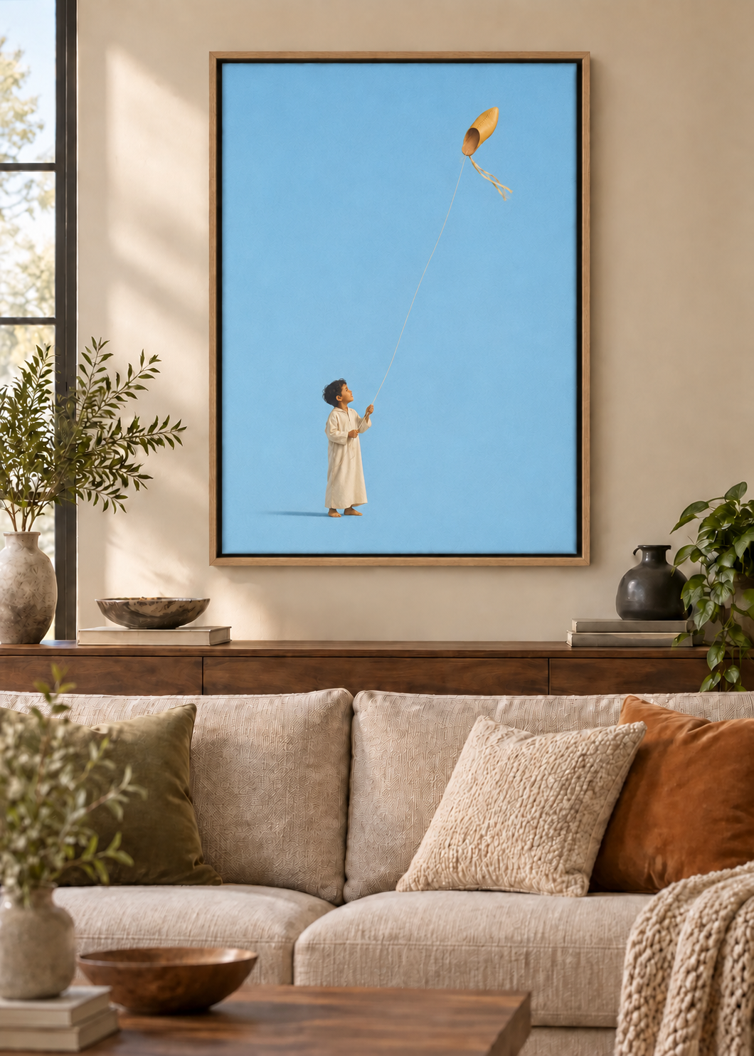 Der fliegende Babouche als Leinwand mit Naturholz-Schattenfugenrahmen im Wohnraum