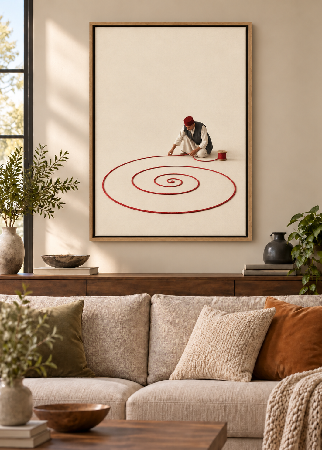 Die rote Spirale als Leinwand mit Naturholz-Schattenfugenrahmen im Wohnraum