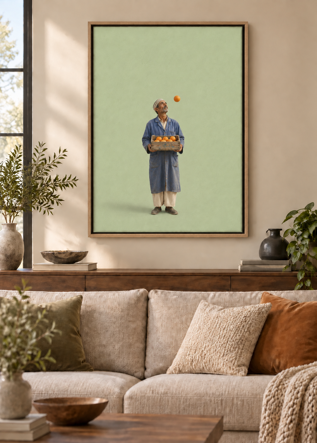 Der letzte Orangenwurf als Leinwand mit Naturholz-Schattenfugenrahmen im Wohnraum