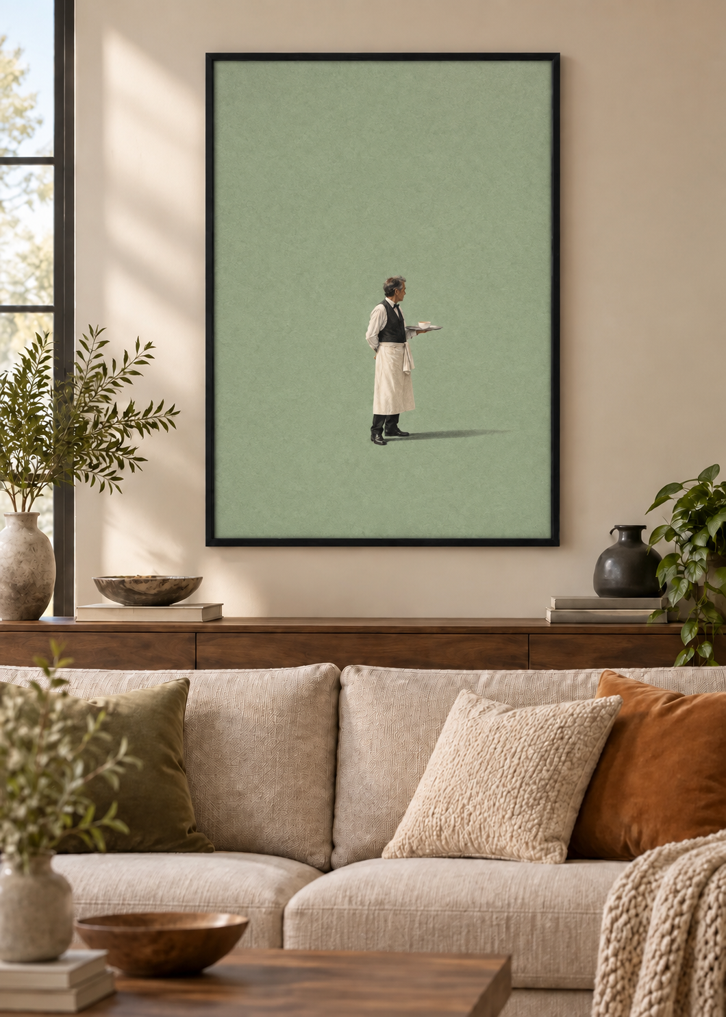 GL00100021 Café au lait – Wohnzimmer-Mockup, Schwarzer Holzrahmen, Frankreich-Kunst