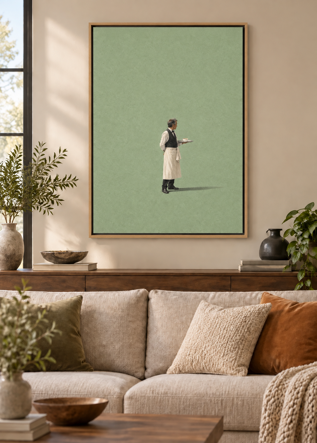GL00100021 Café au lait – Wohnzimmer-Mockup, Naturholz-Schattenfuge, Frankreich-Kunst