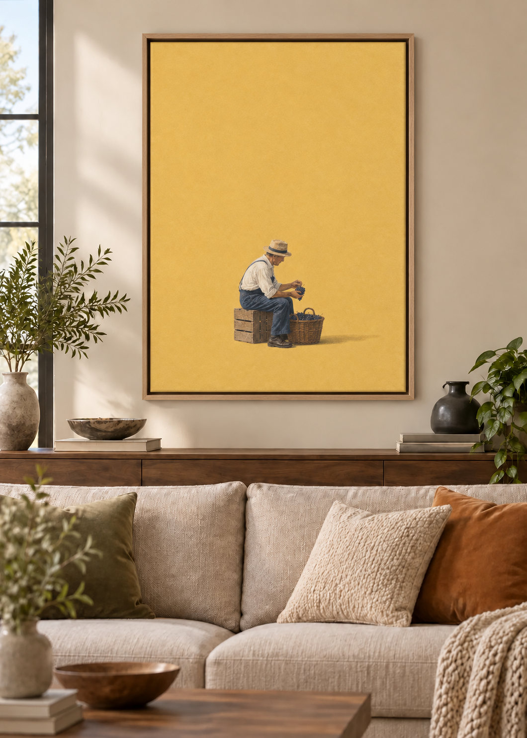 GL00100025 Die Weinlese – Wohnzimmer-Mockup, Naturholz-Schattenfuge, Frankreich-Kunst