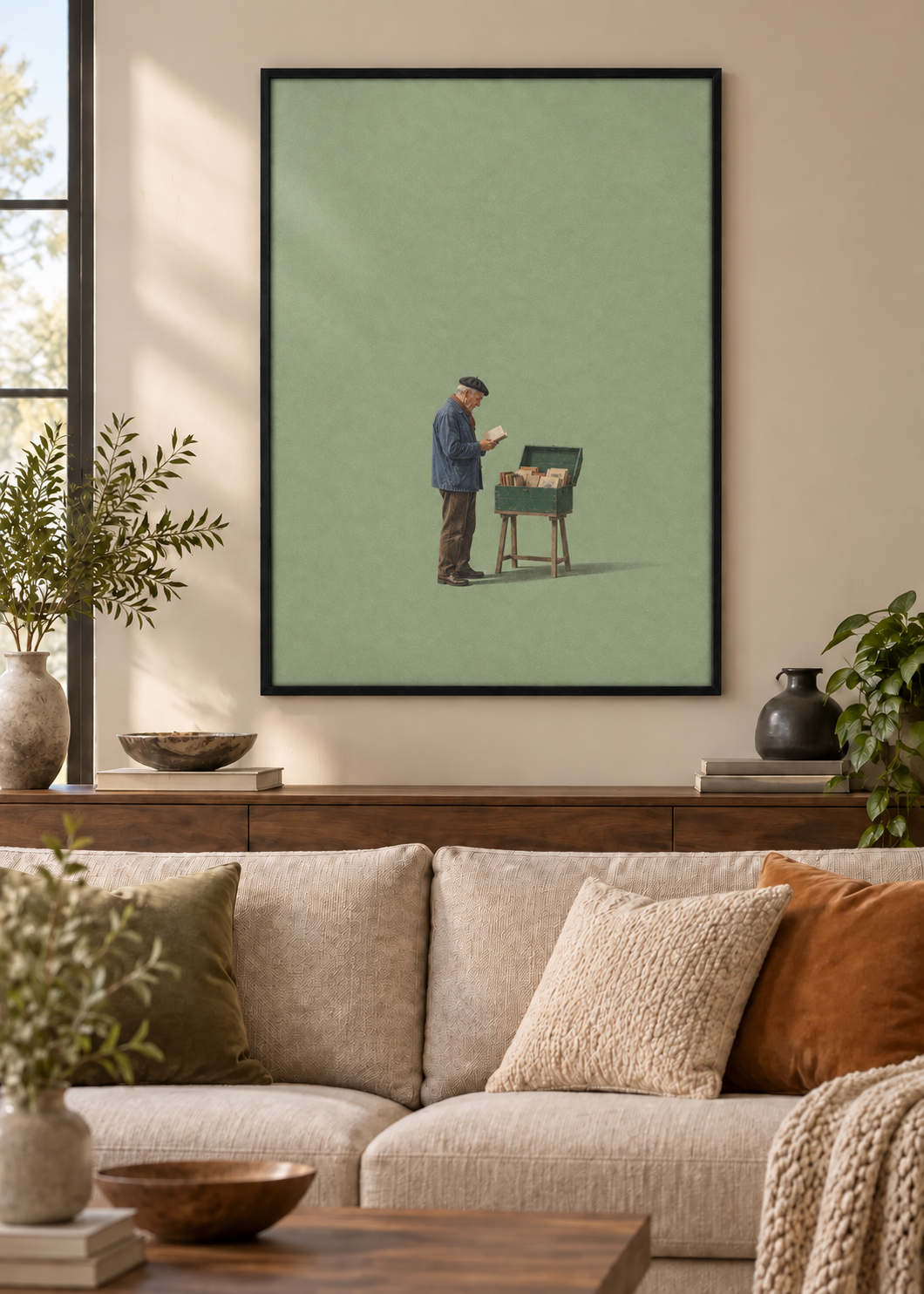 GL00100028 Der Buchhändler – Wohnzimmer-Mockup, Schwarzer Holzrahmen, Frankreich-Kunst