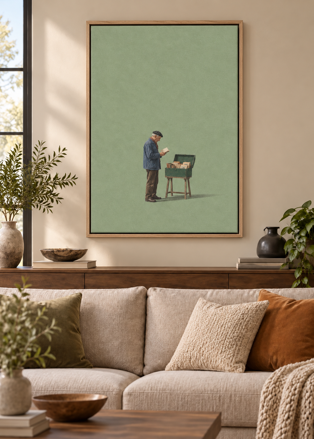 GL00100028 Der Buchhändler – Wohnzimmer-Mockup, Naturholz-Schattenfuge, Frankreich-Kunst