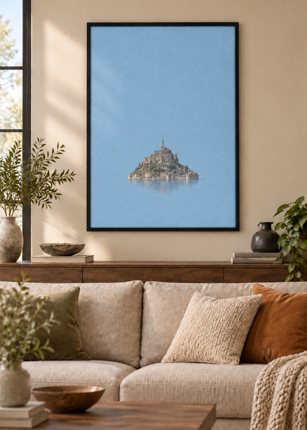 GL00100029 Mont-Saint-Michel – Wohnzimmer-Mockup, Schwarzer Holzrahmen, Frankreich-Kunst