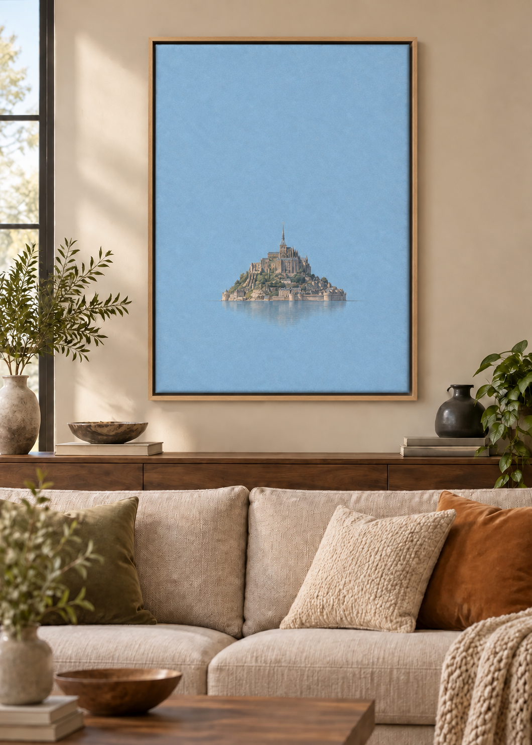 GL00100029 Mont-Saint-Michel – Wohnzimmer-Mockup, Naturholz-Schattenfuge, Frankreich-Kunst