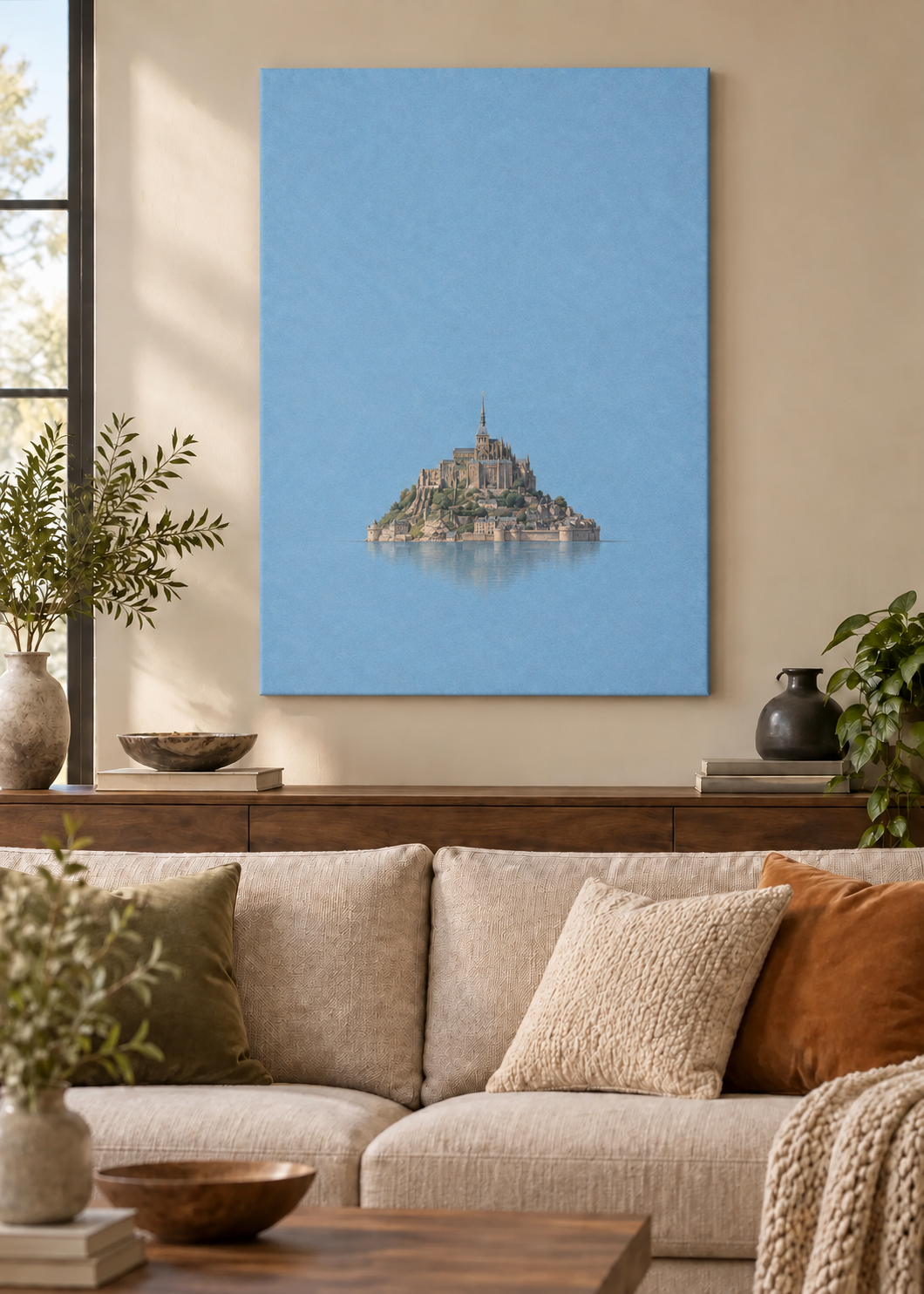 GL00100029 Mont-Saint-Michel – Wohnzimmer-Mockup, Slim-Leinwand, Frankreich-Kunst