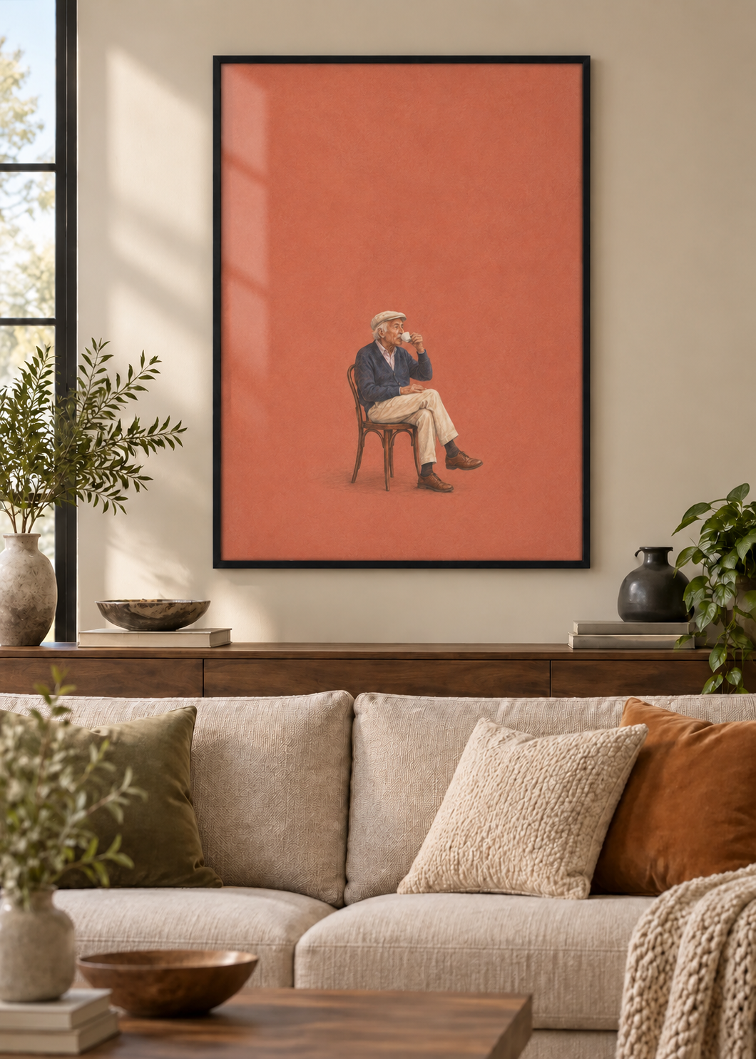 GL00100031 Espresso-Pause – Wohnzimmer-Mockup, Poster im schwarzen Holzrahmen