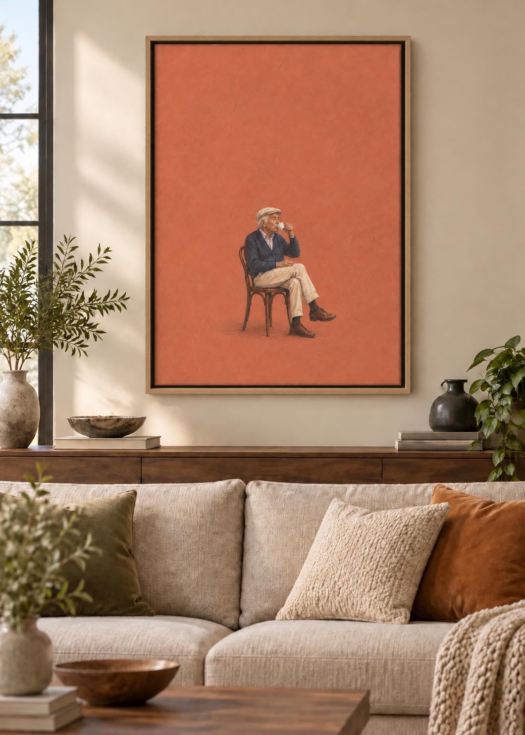GL00100031 Espresso-Pause – Wohnzimmer-Mockup, Leinwand mit Naturholz-Schattenfugenrahmen