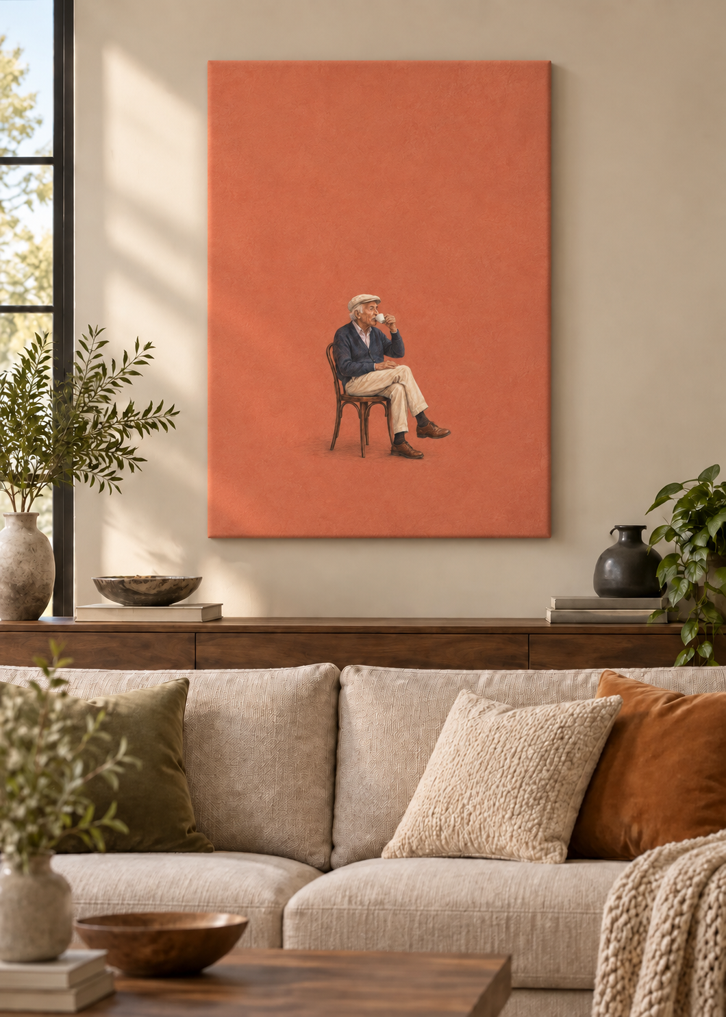 GL00100031 Espresso-Pause – Wohnzimmer-Mockup, Rahmenlose Slim-Leinwand