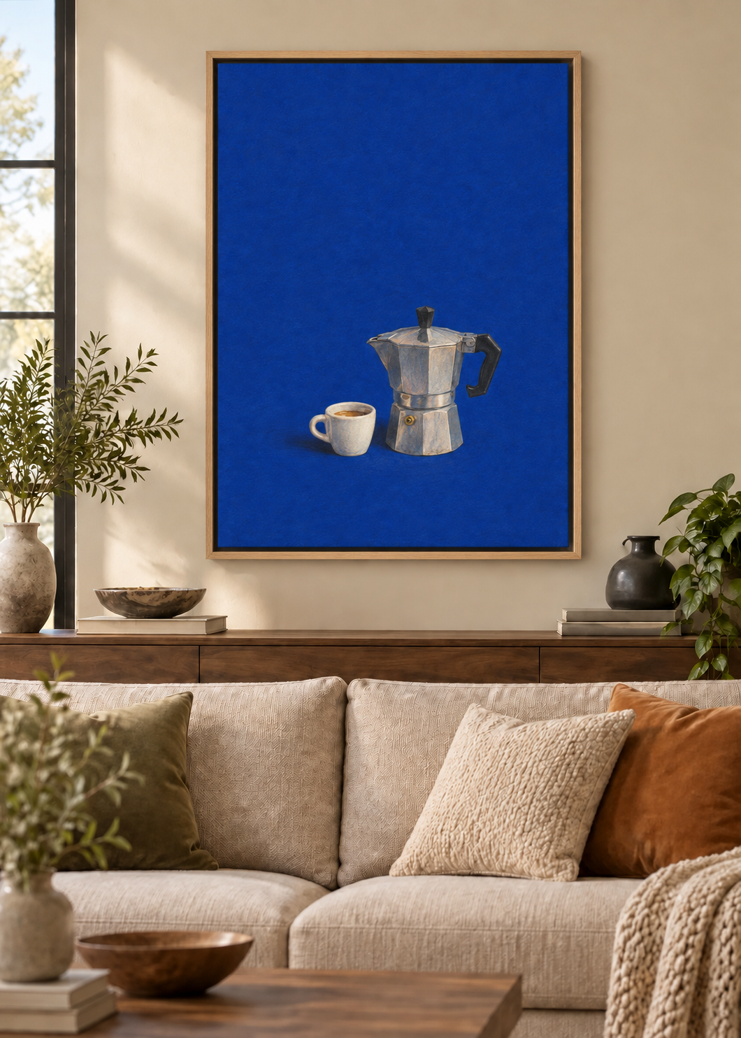 GL00100033 La Moka – Wohnzimmer-Mockup, Leinwand mit Naturholz-Schattenfugenrahmen