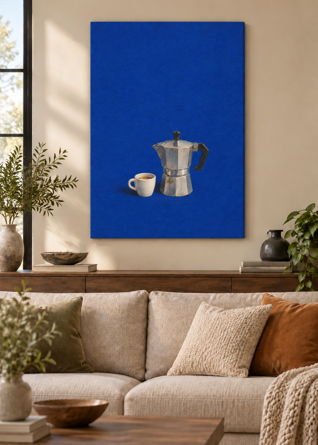 GL00100033 La Moka – Wohnzimmer-Mockup, Rahmenlose Slim-Leinwand