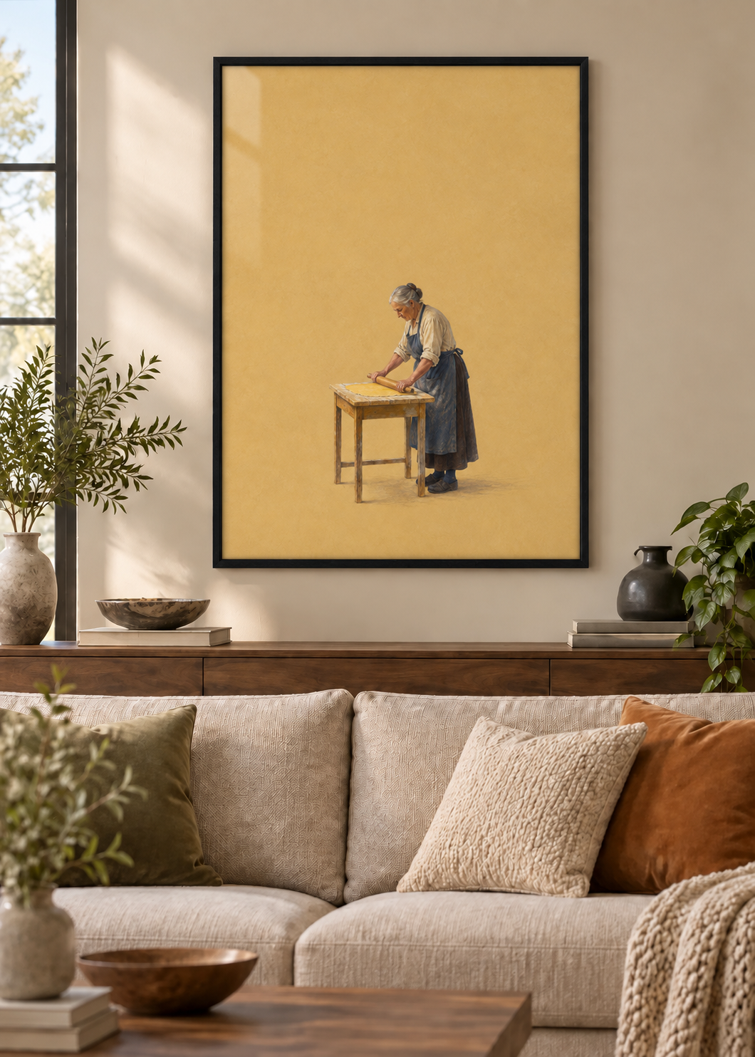 GL00100034 Pasta mit Tradition – Wohnzimmer-Mockup, Poster im schwarzen Holzrahmen