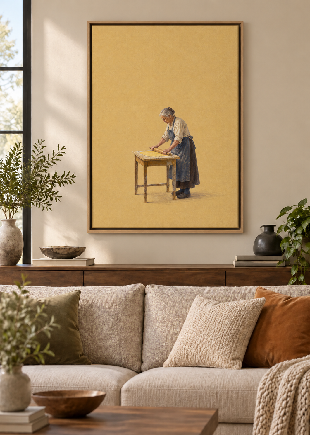 GL00100034 Pasta mit Tradition – Wohnzimmer-Mockup, Leinwand mit Naturholz-Schattenfugenrahmen