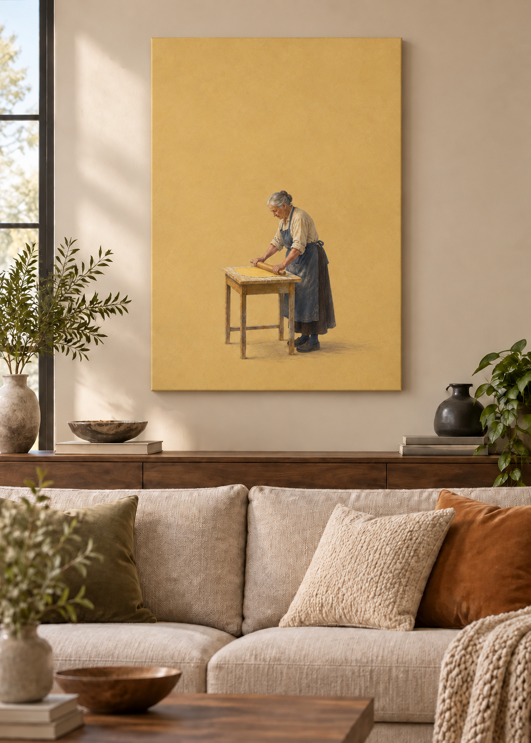 GL00100034 Pasta mit Tradition – Wohnzimmer-Mockup, Rahmenlose Slim-Leinwand