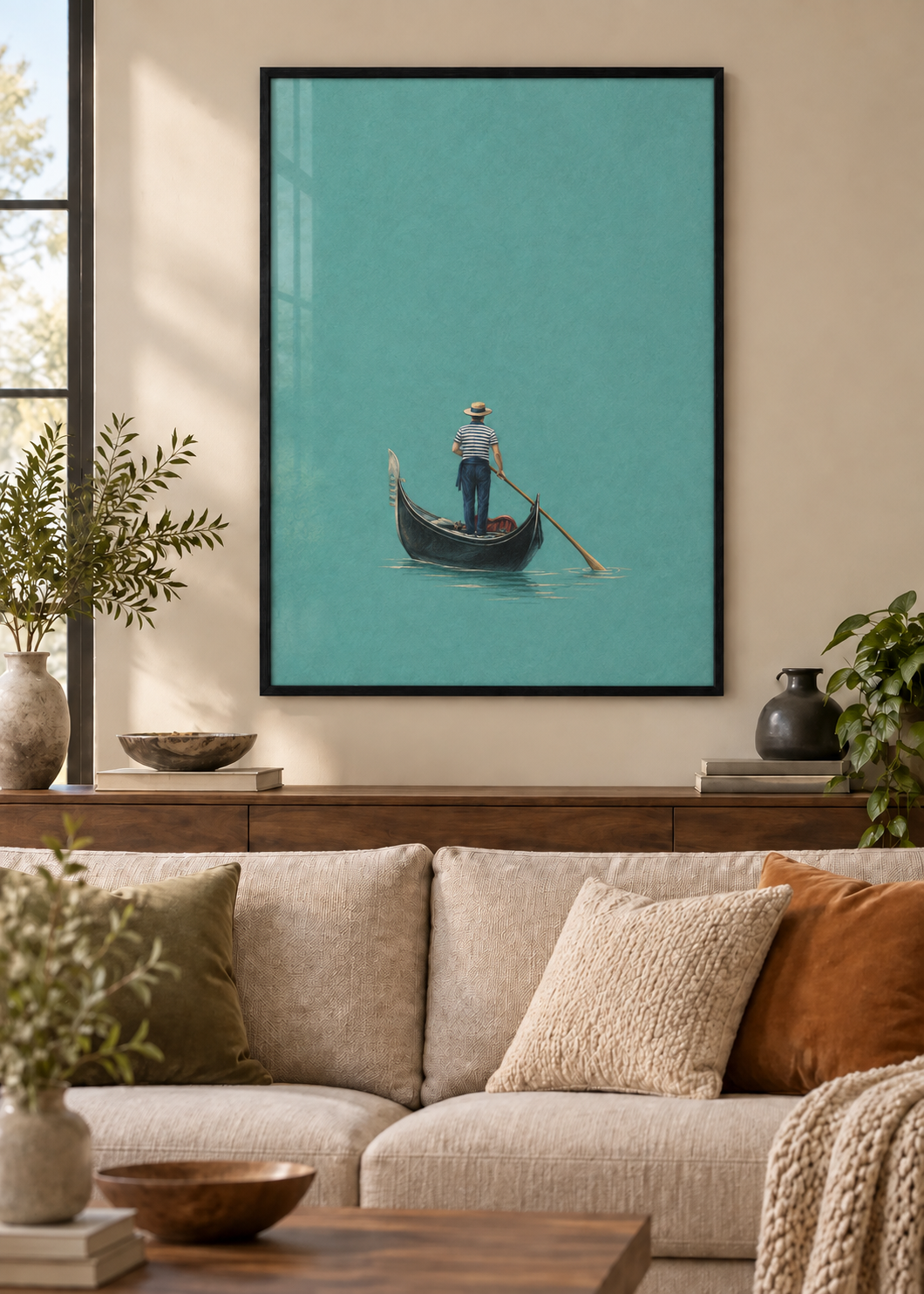 GL00100035 Feierabend in Venedig – Wohnzimmer-Mockup, Poster im schwarzen Holzrahmen