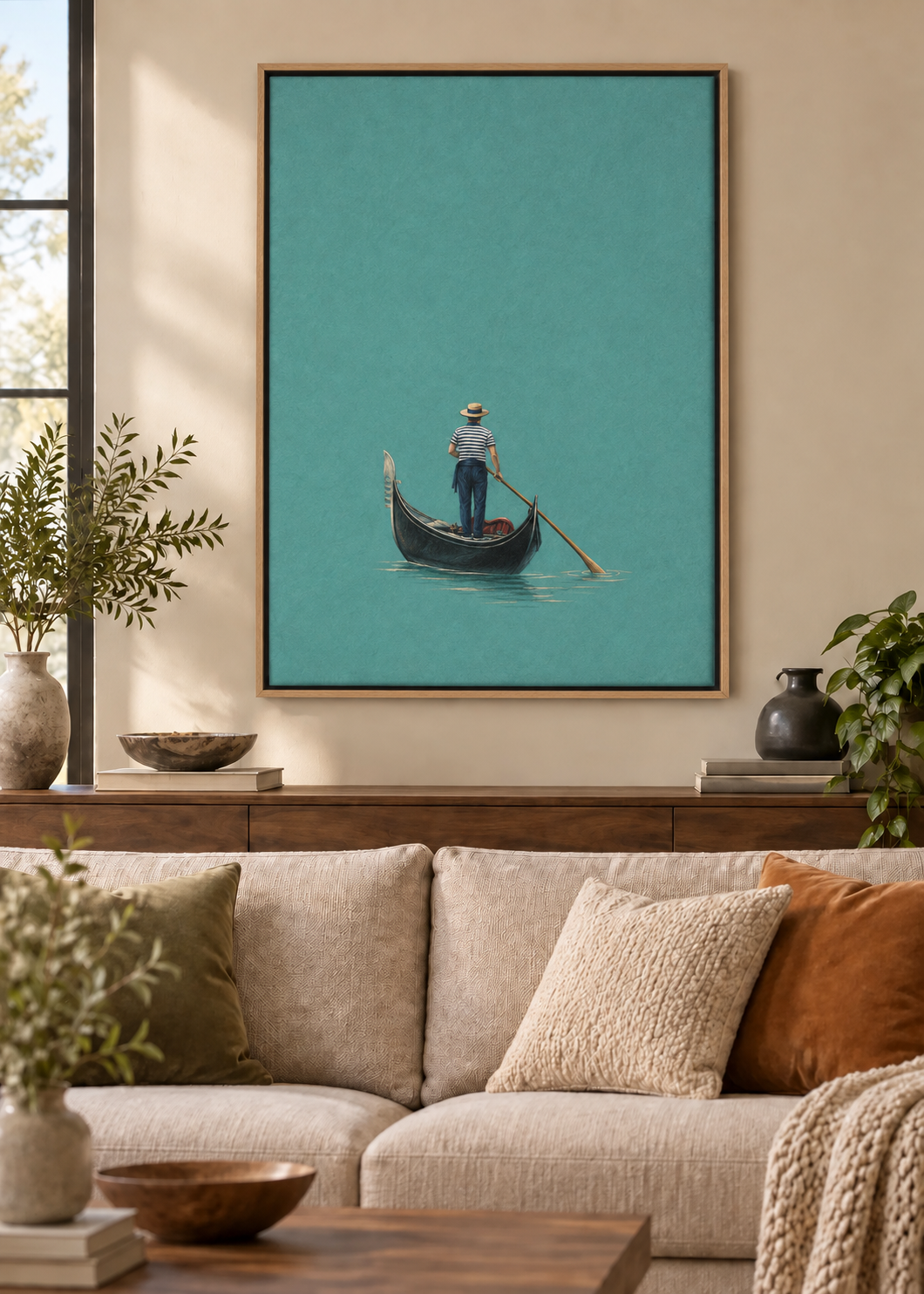 GL00100035 Feierabend in Venedig – Wohnzimmer-Mockup, Leinwand mit Naturholz-Schattenfugenrahmen