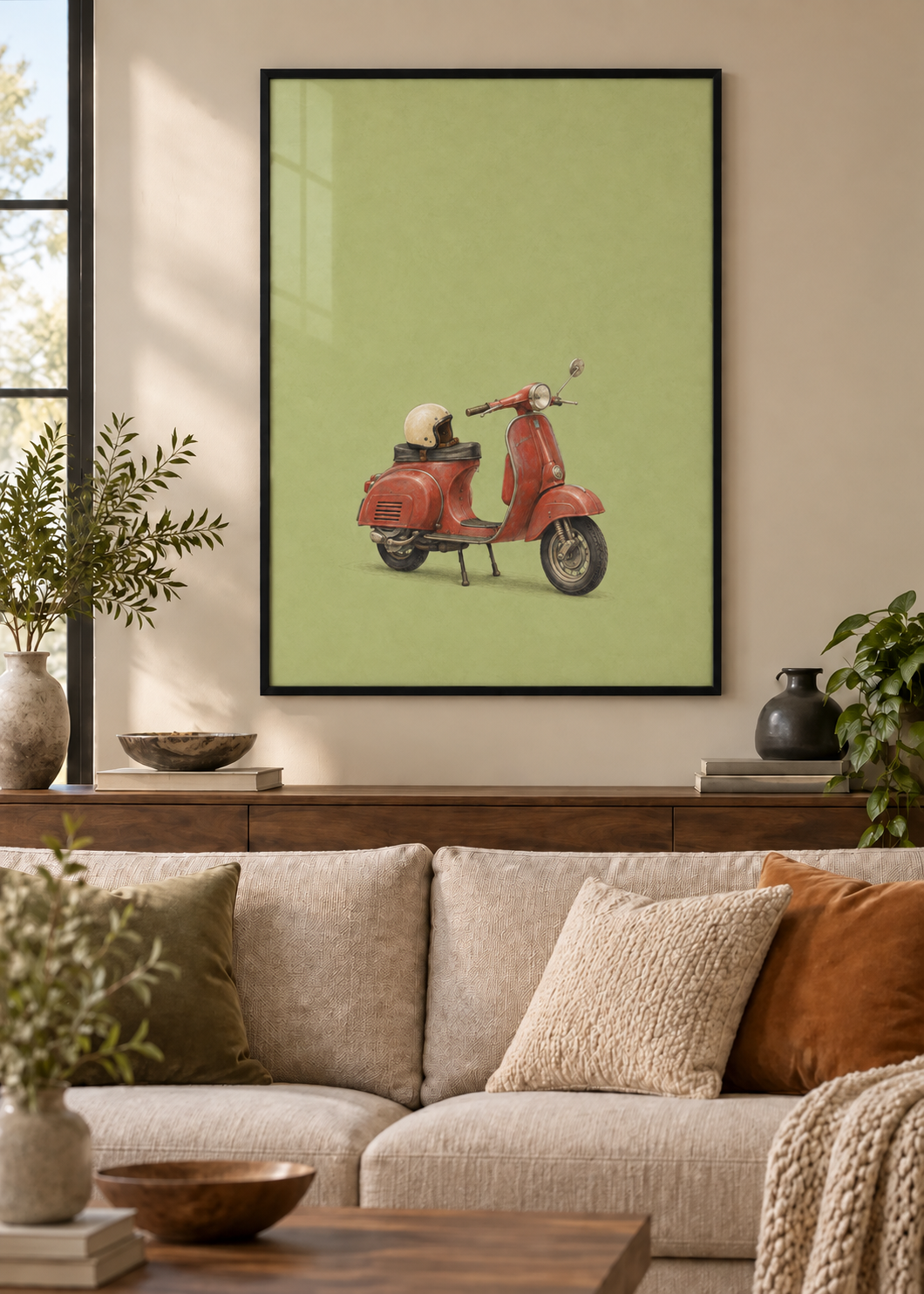 GL00100036 Der rote Motorroller – Wohnzimmer-Mockup, Poster im schwarzen Holzrahmen