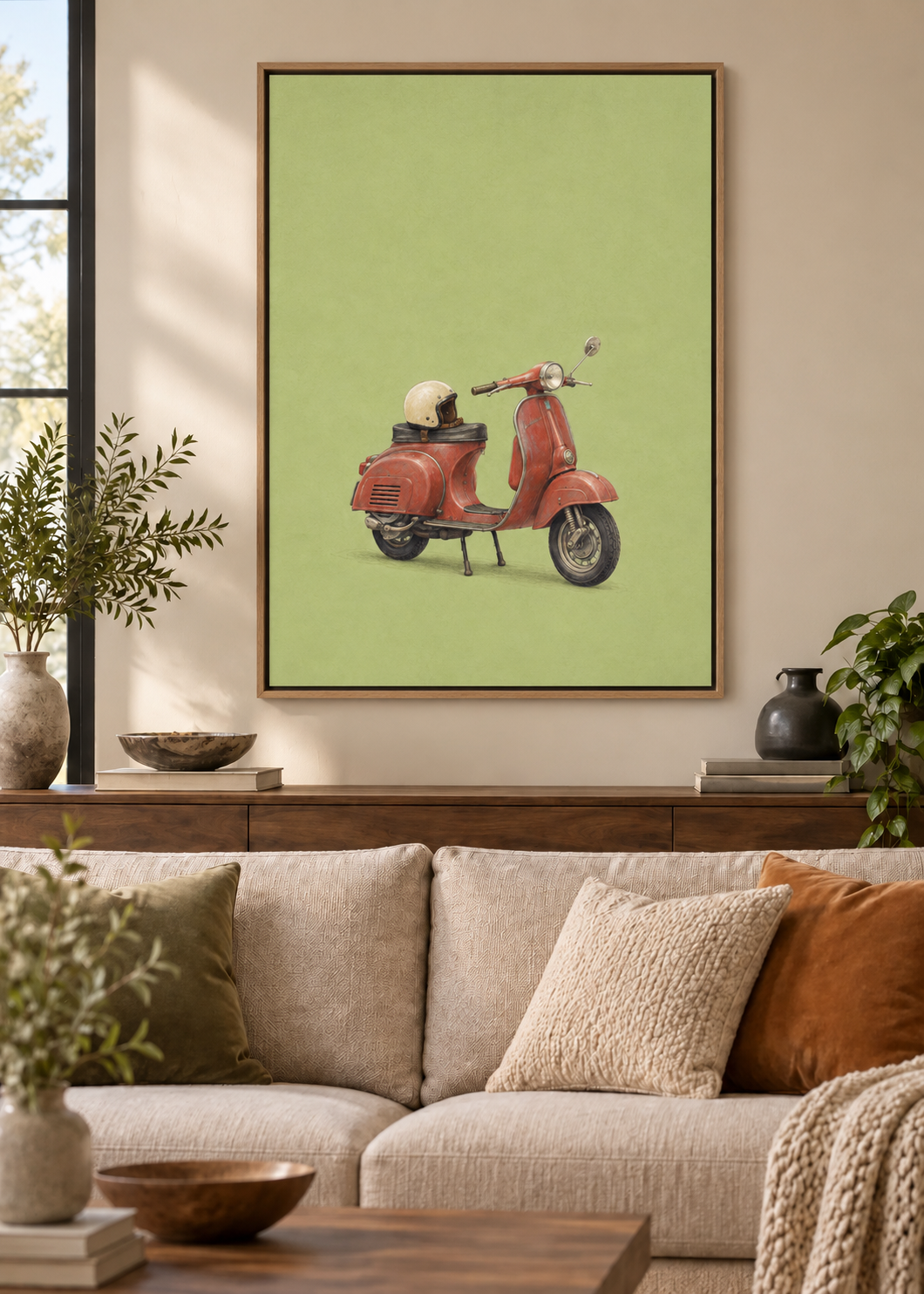 GL00100036 Der rote Motorroller – Wohnzimmer-Mockup, Leinwand mit Naturholz-Schattenfugenrahmen