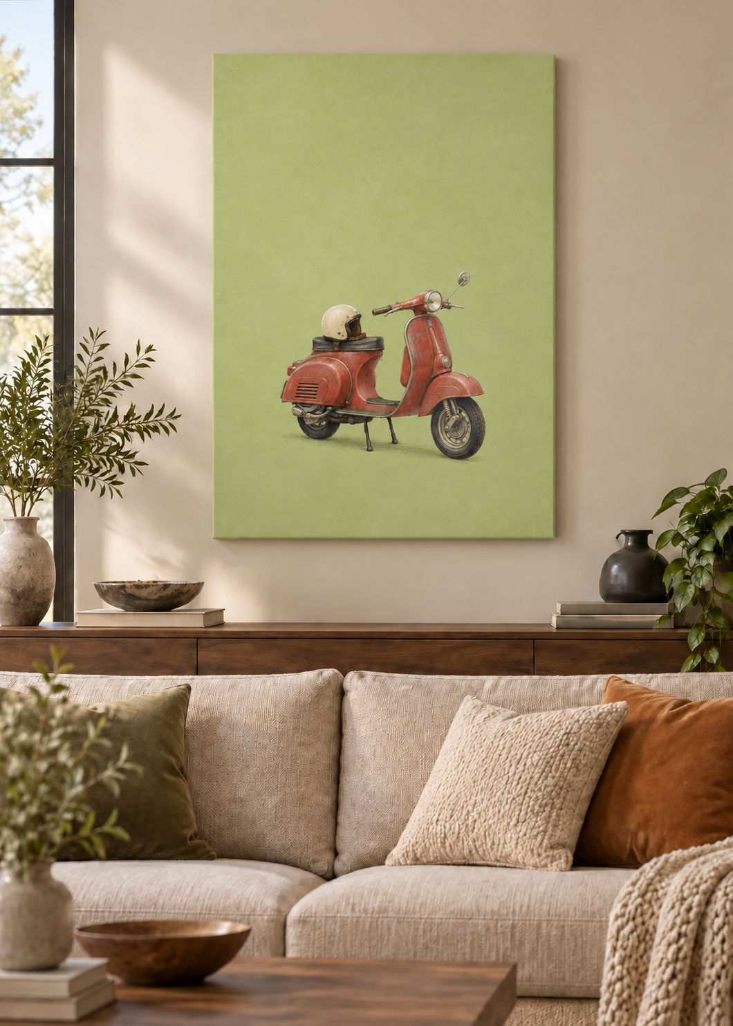 GL00100036 Der rote Motorroller – Wohnzimmer-Mockup, Rahmenlose Slim-Leinwand
