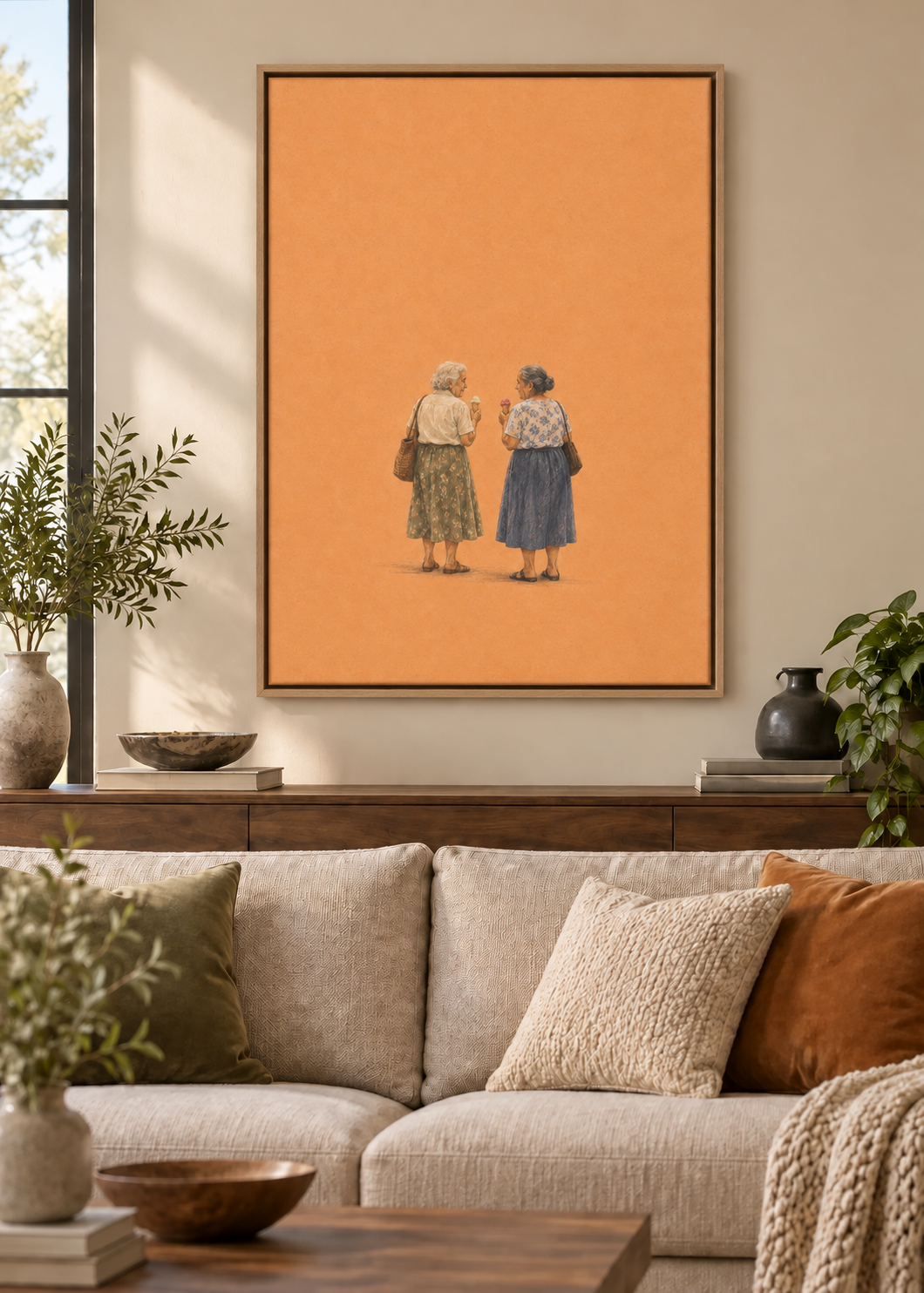 GL00100037 Gelato zu zweit – Wohnzimmer-Mockup, Leinwand mit Naturholz-Schattenfugenrahmen