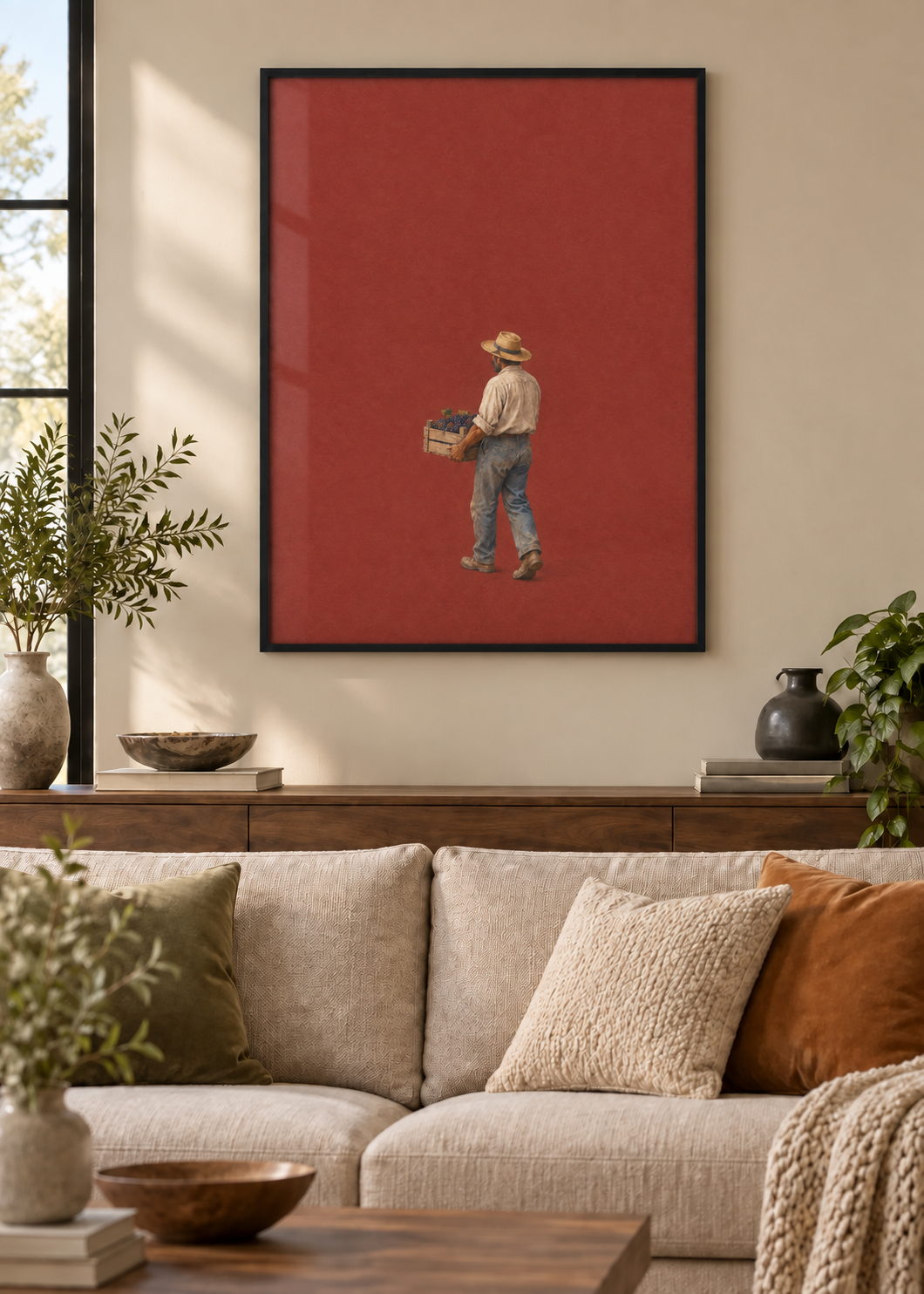 GL00100038 Die Weinernte – Wohnzimmer-Mockup, Poster im schwarzen Holzrahmen