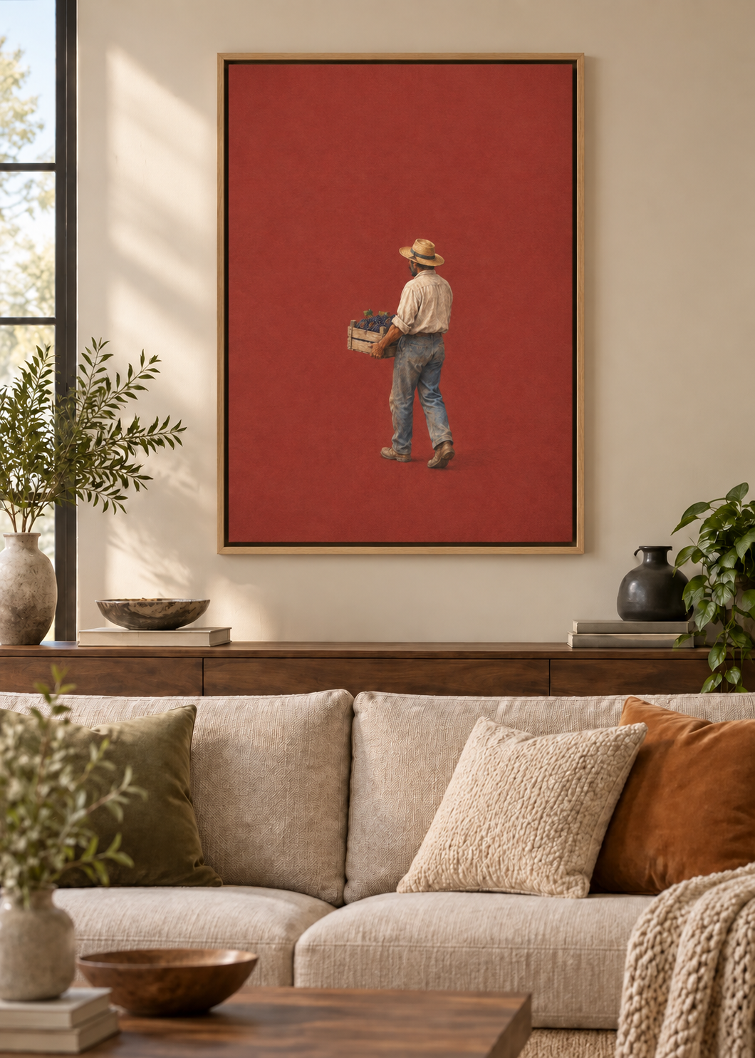 GL00100038 Die Weinernte – Wohnzimmer-Mockup, Leinwand mit Naturholz-Schattenfugenrahmen