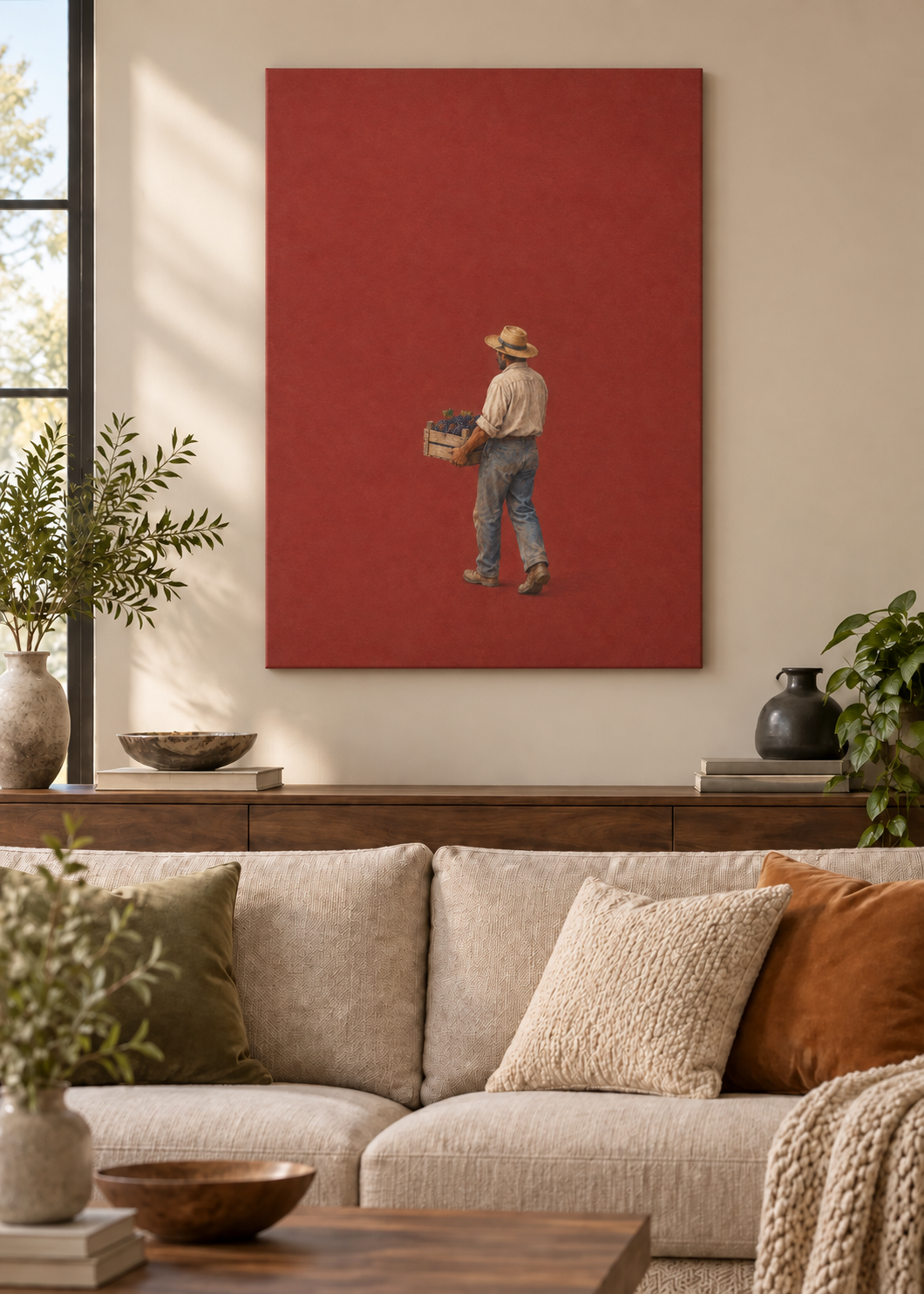 GL00100038 Die Weinernte – Wohnzimmer-Mockup, Rahmenlose Slim-Leinwand