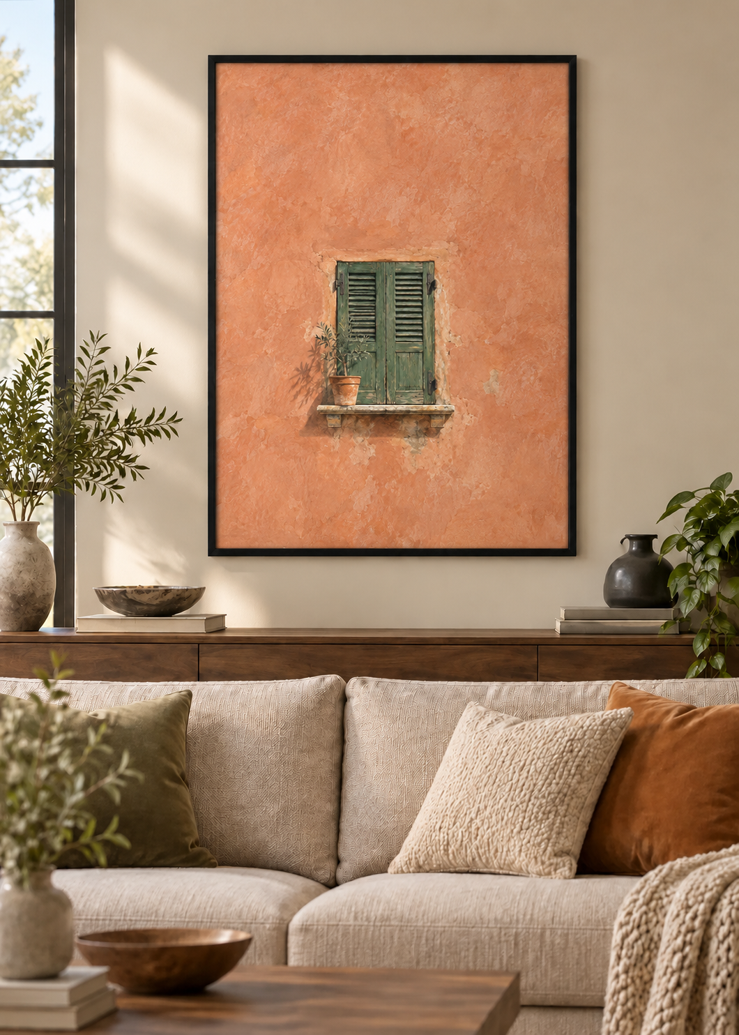 GL00100039 Siesta am Fenster – Wohnzimmer-Mockup, Poster im schwarzen Holzrahmen