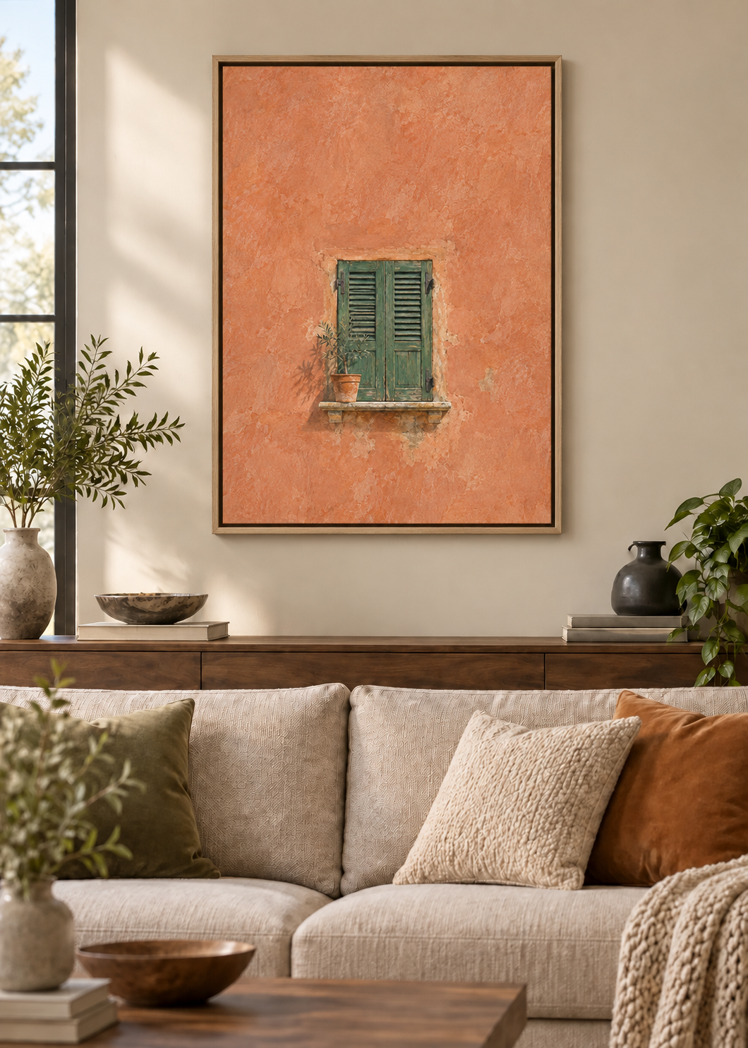 GL00100039 Siesta am Fenster – Wohnzimmer-Mockup, Leinwand mit Naturholz-Schattenfugenrahmen