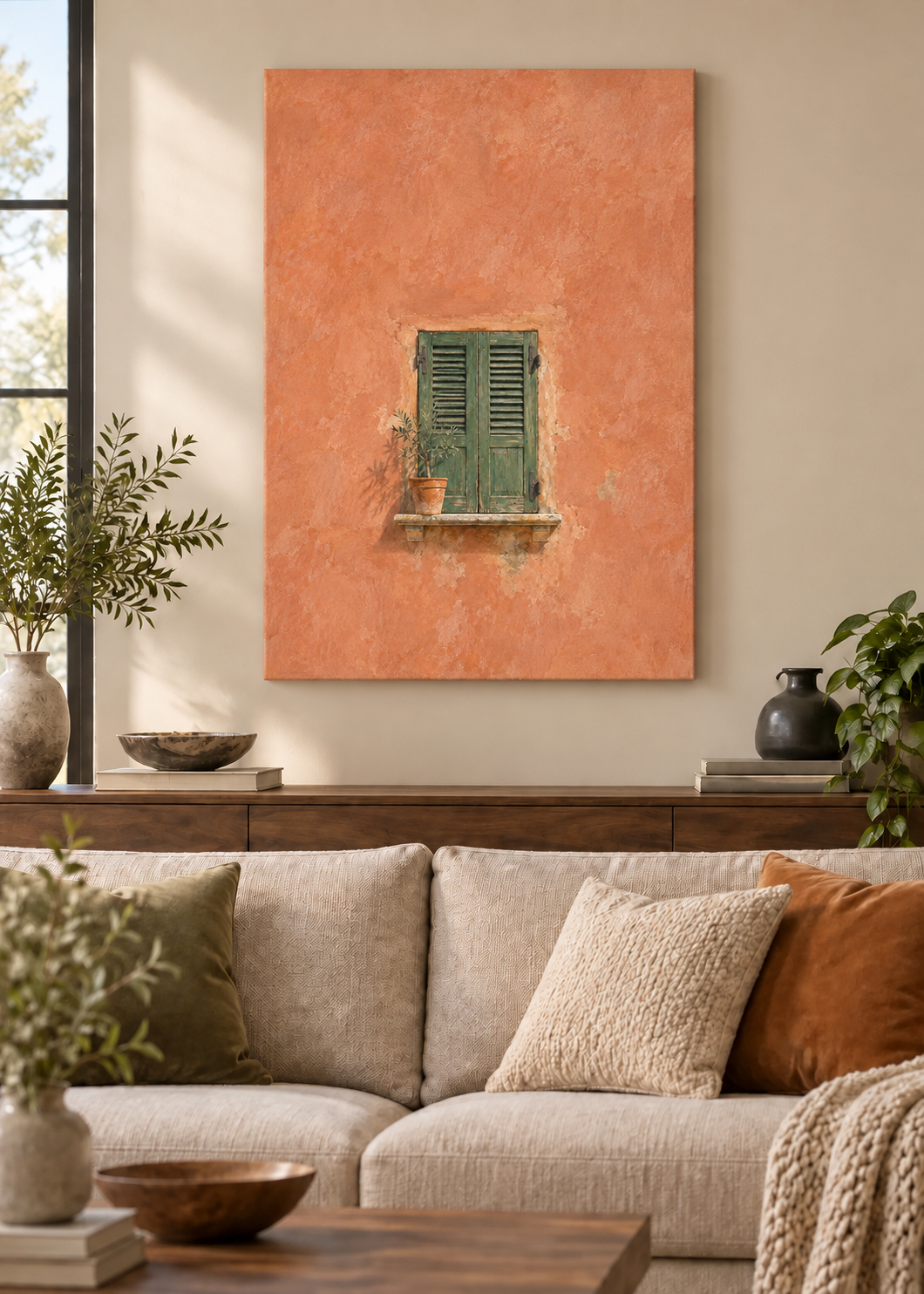 GL00100039 Siesta am Fenster – Wohnzimmer-Mockup, Rahmenlose Slim-Leinwand