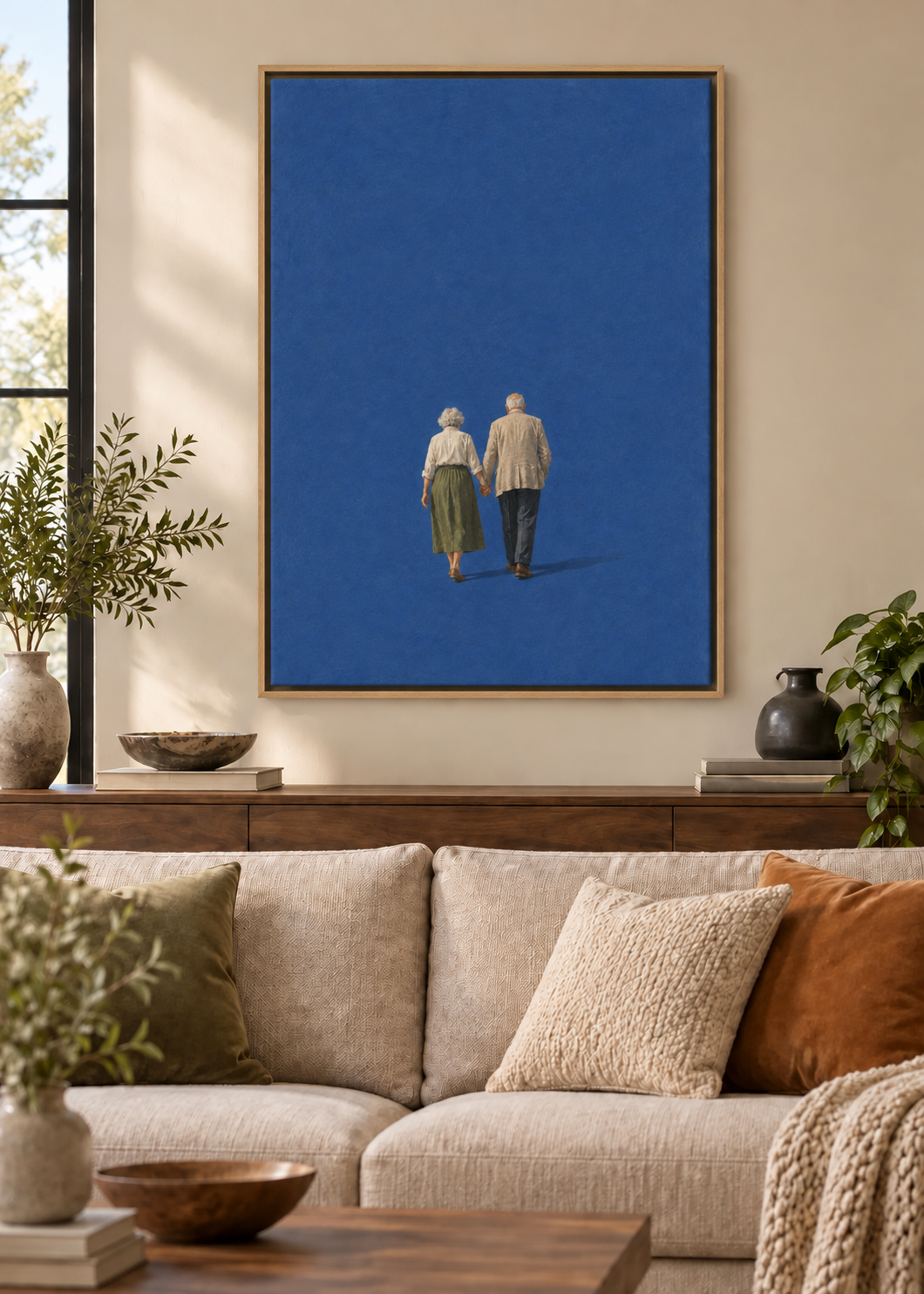 GL00100040 Die Passeggiata – Wohnzimmer-Mockup, Leinwand mit Naturholz-Schattenfugenrahmen