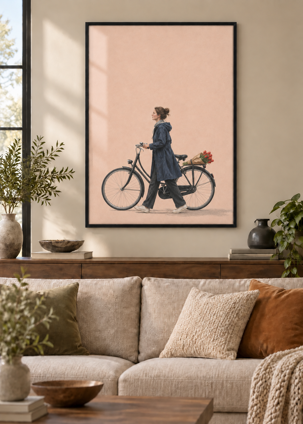 GL00100041 Tulpen nach Hause – Wohnzimmer-Mockup, Poster im schwarzen Holzrahmen