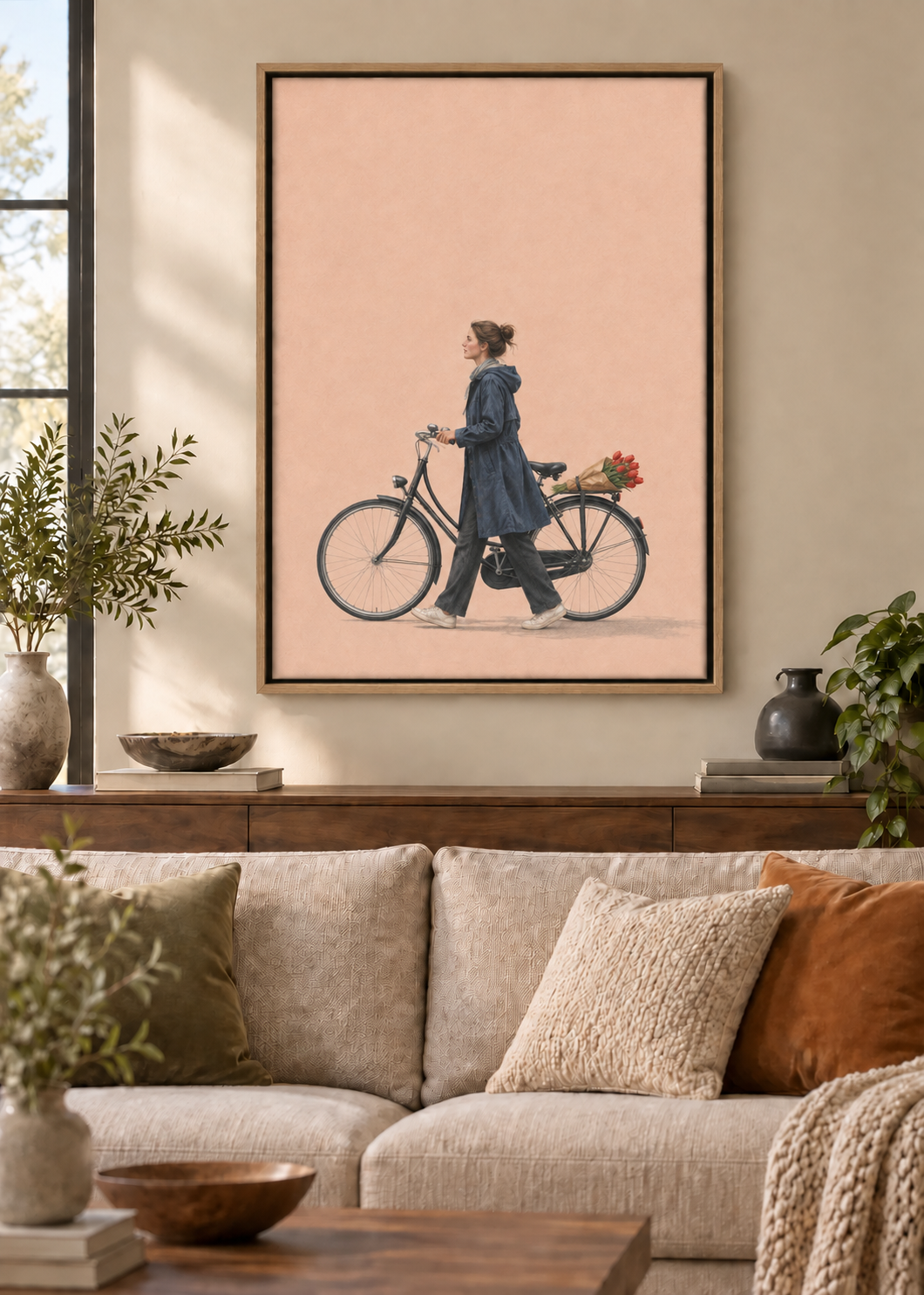 GL00100041 Tulpen nach Hause – Wohnzimmer-Mockup, Leinwand mit Naturholz-Schattenfugenrahmen