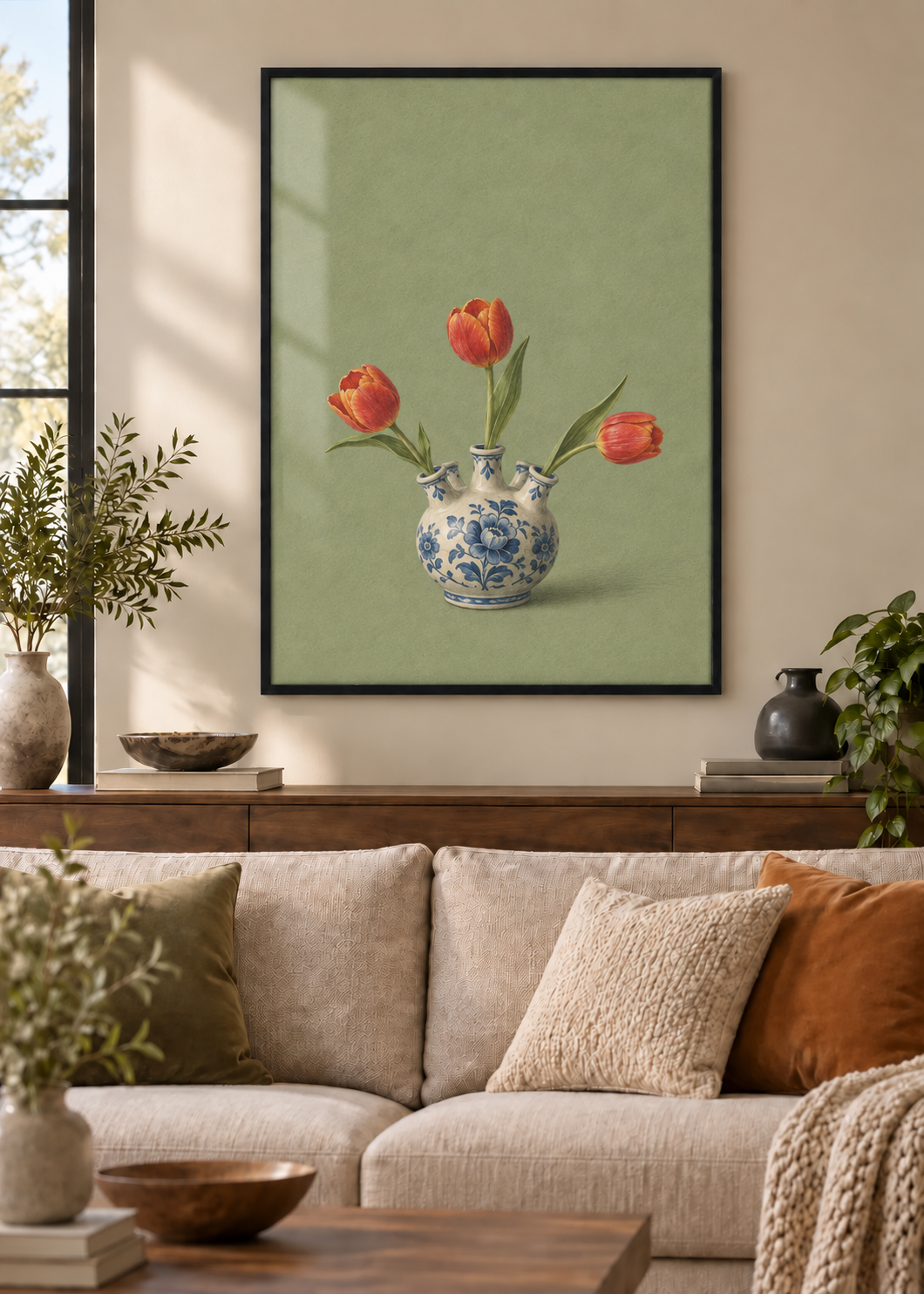 GL00100042 Delfter Stille – Wohnzimmer-Mockup, Poster im schwarzen Holzrahmen