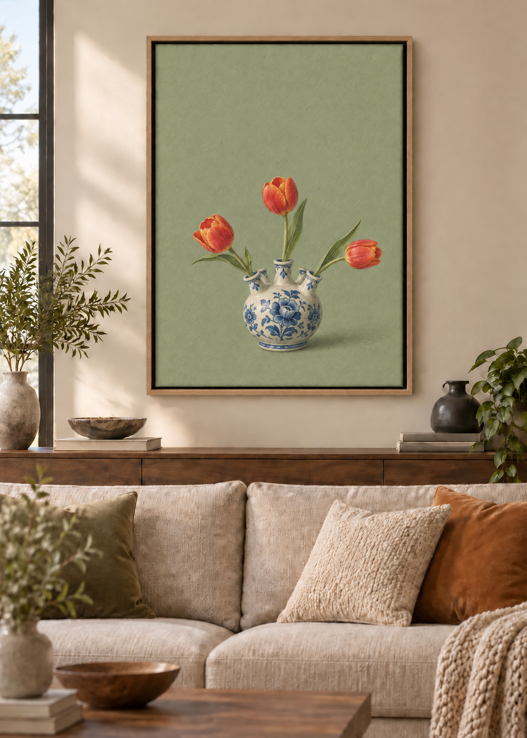 GL00100042 Delfter Stille – Wohnzimmer-Mockup, Leinwand mit Naturholz-Schattenfugenrahmen