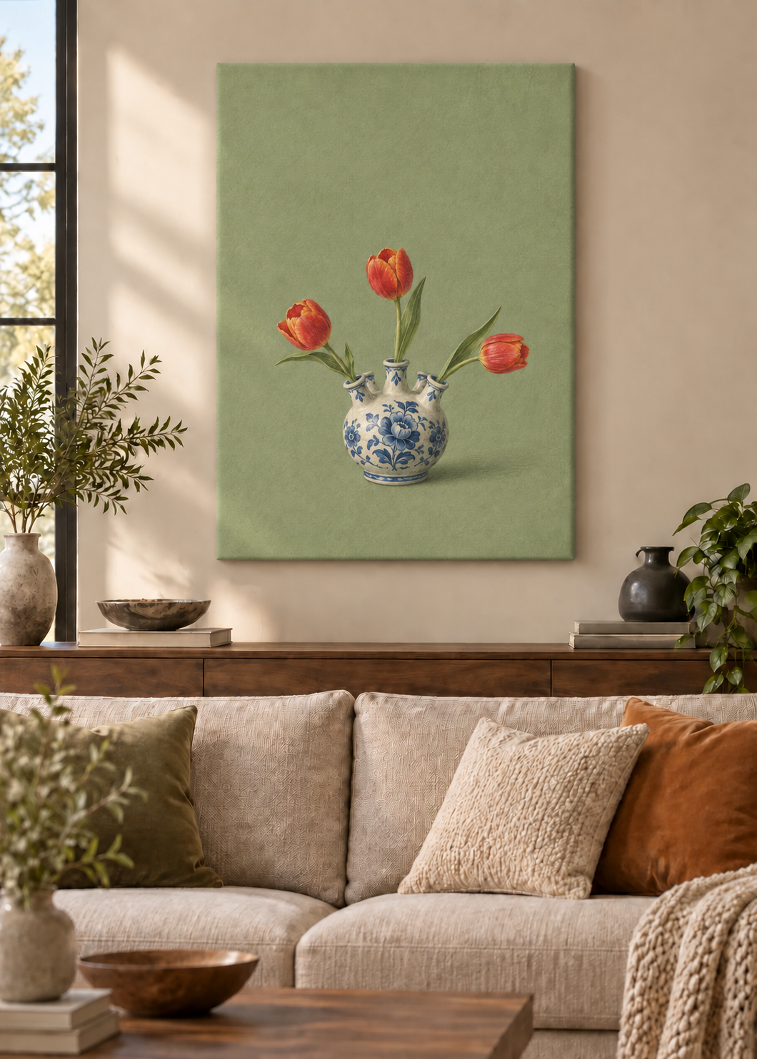 GL00100042 Delfter Stille – Wohnzimmer-Mockup, Rahmenlose Slim-Leinwand