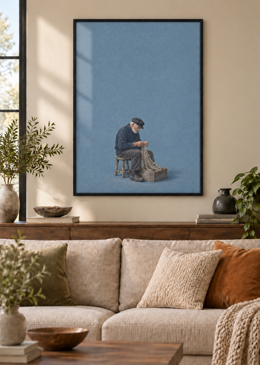 GL00100043 Feierabend am Wasser – Wohnzimmer-Mockup, Poster im schwarzen Holzrahmen