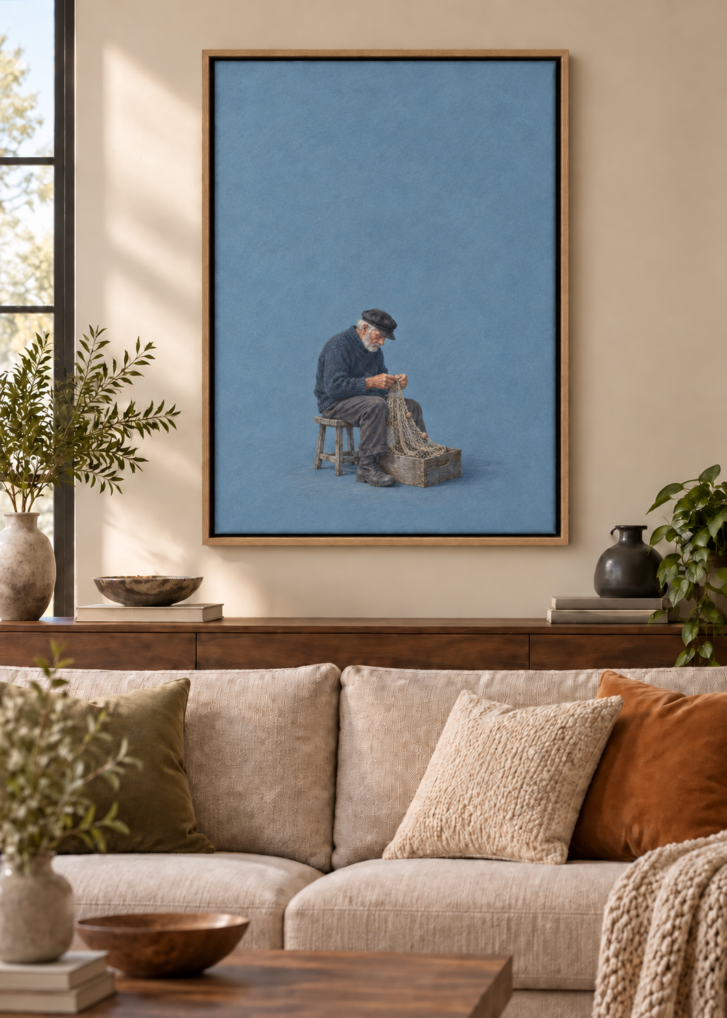 GL00100043 Feierabend am Wasser – Wohnzimmer-Mockup, Leinwand mit Naturholz-Schattenfugenrahmen