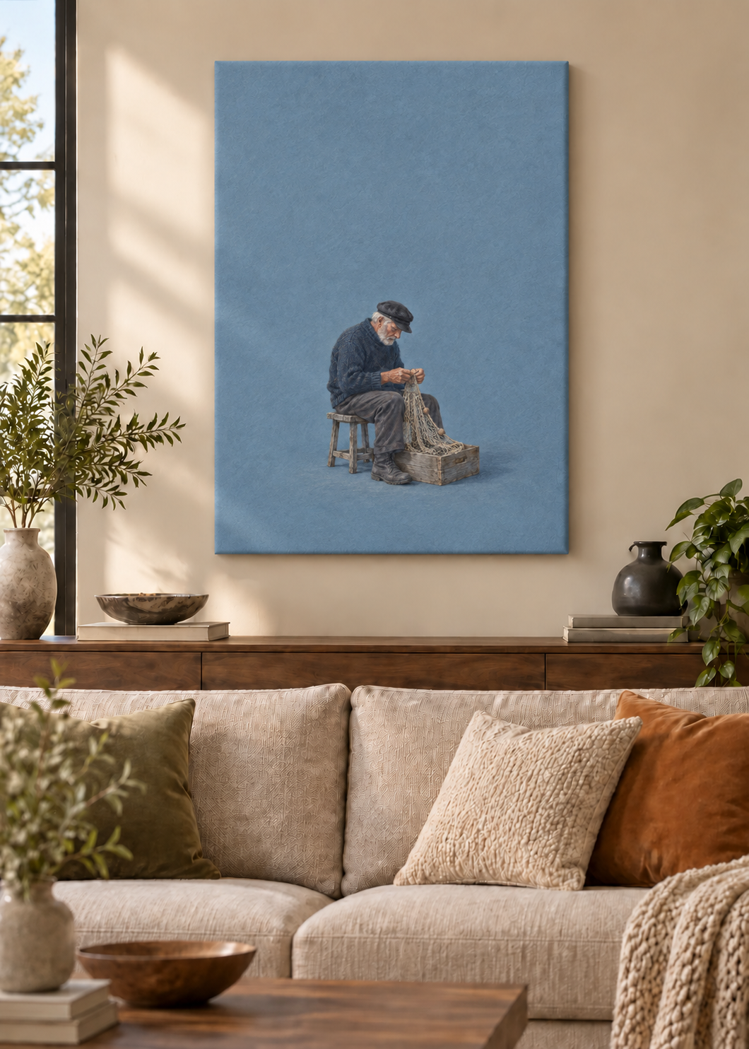 GL00100043 Feierabend am Wasser – Wohnzimmer-Mockup, Rahmenlose Slim-Leinwand