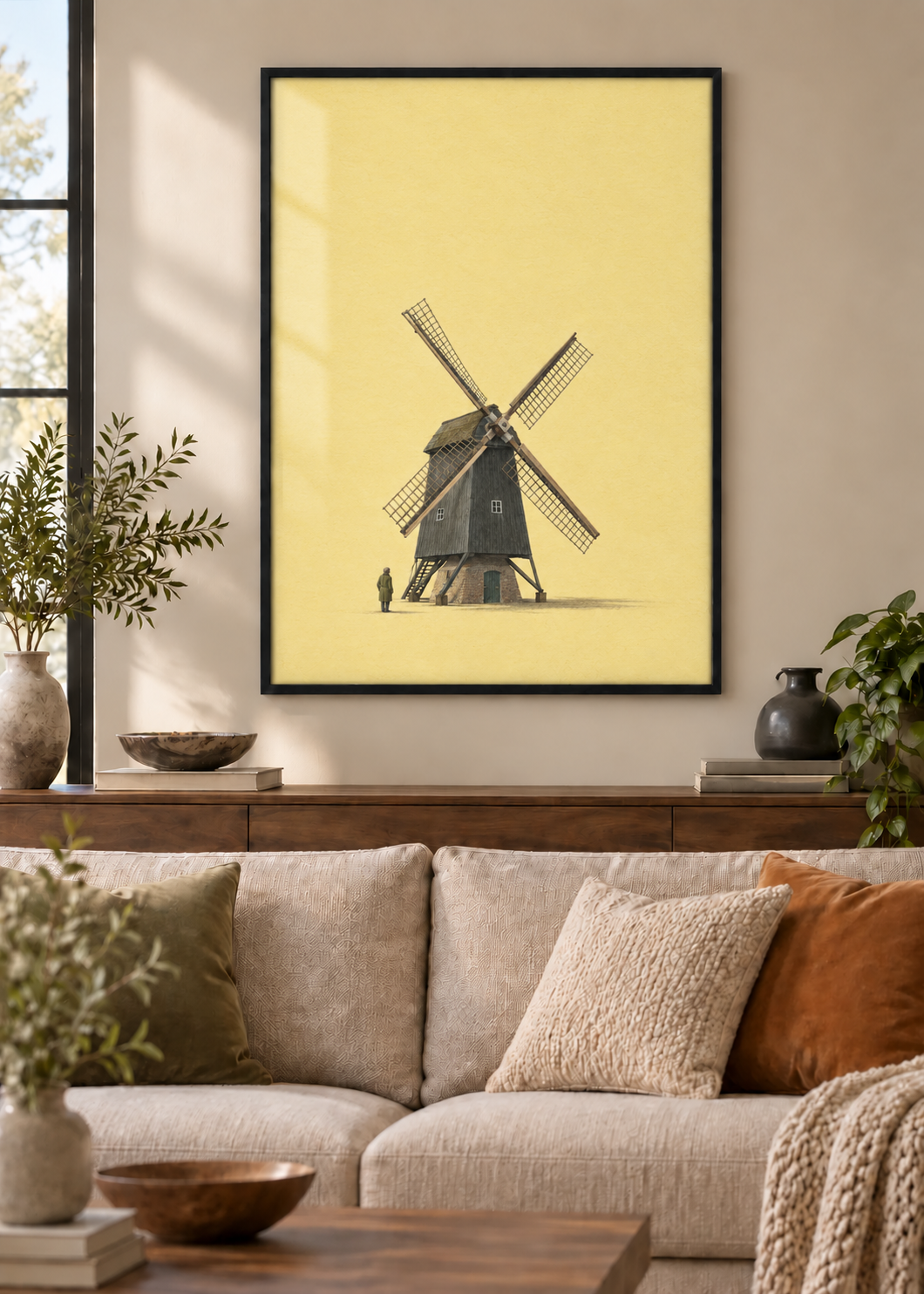 GL00100044 Die kleine Mühle – Wohnzimmer-Mockup, Poster im schwarzen Holzrahmen