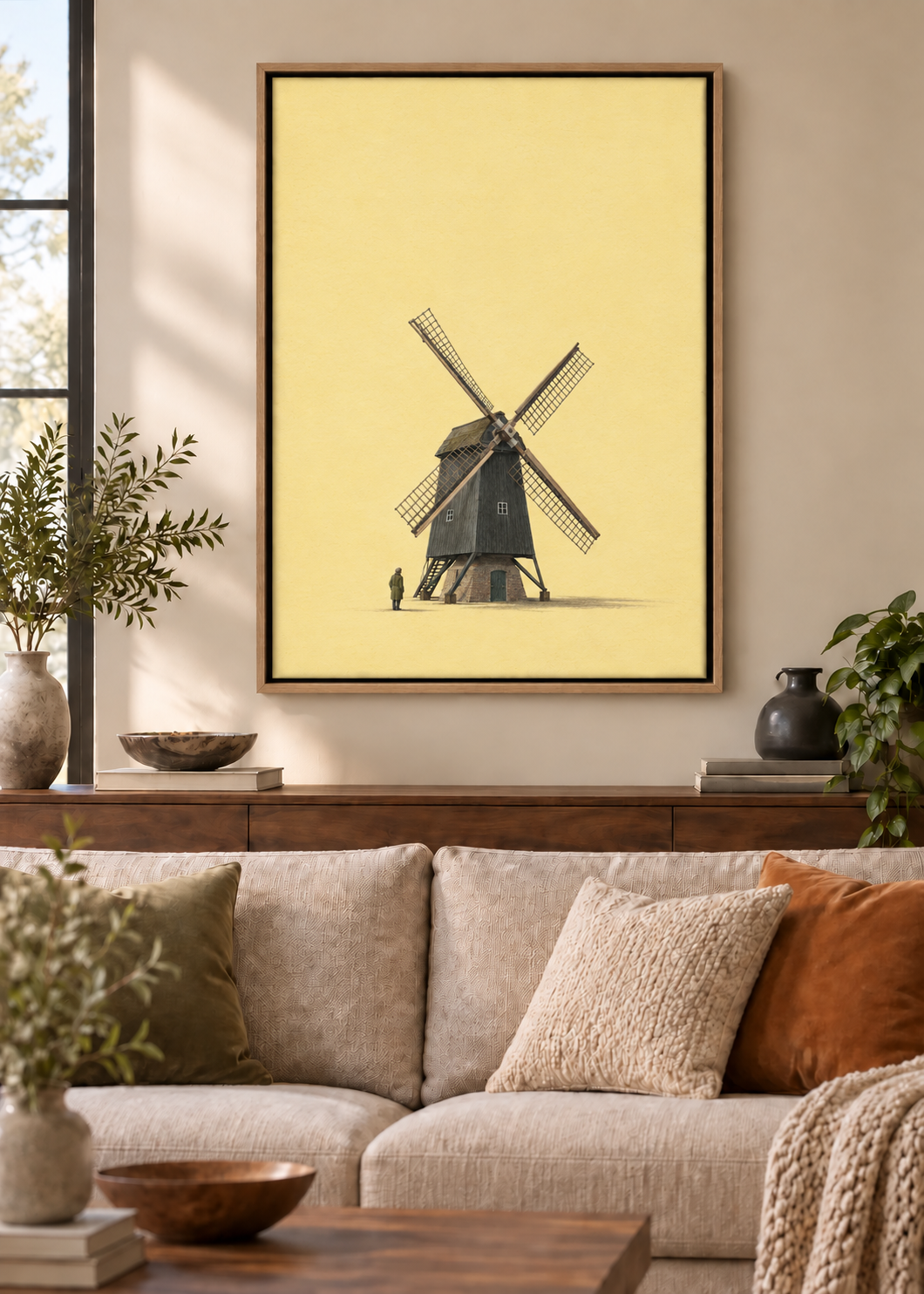 GL00100044 Die kleine Mühle – Wohnzimmer-Mockup, Leinwand mit Naturholz-Schattenfugenrahmen