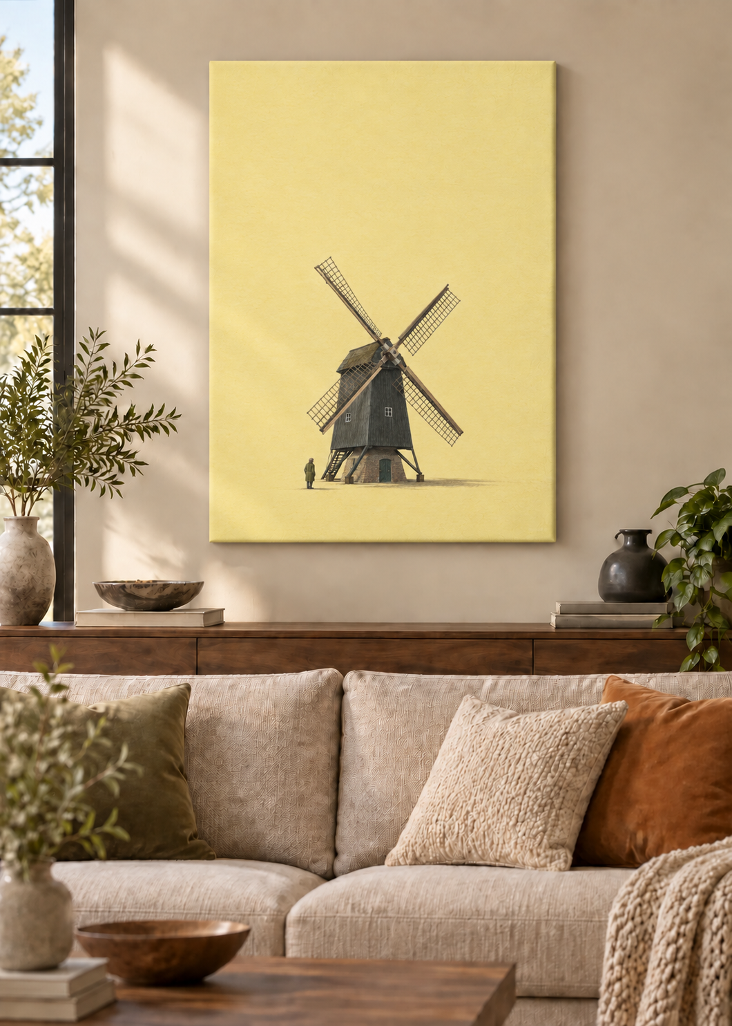 GL00100044 Die kleine Mühle – Wohnzimmer-Mockup, Rahmenlose Slim-Leinwand